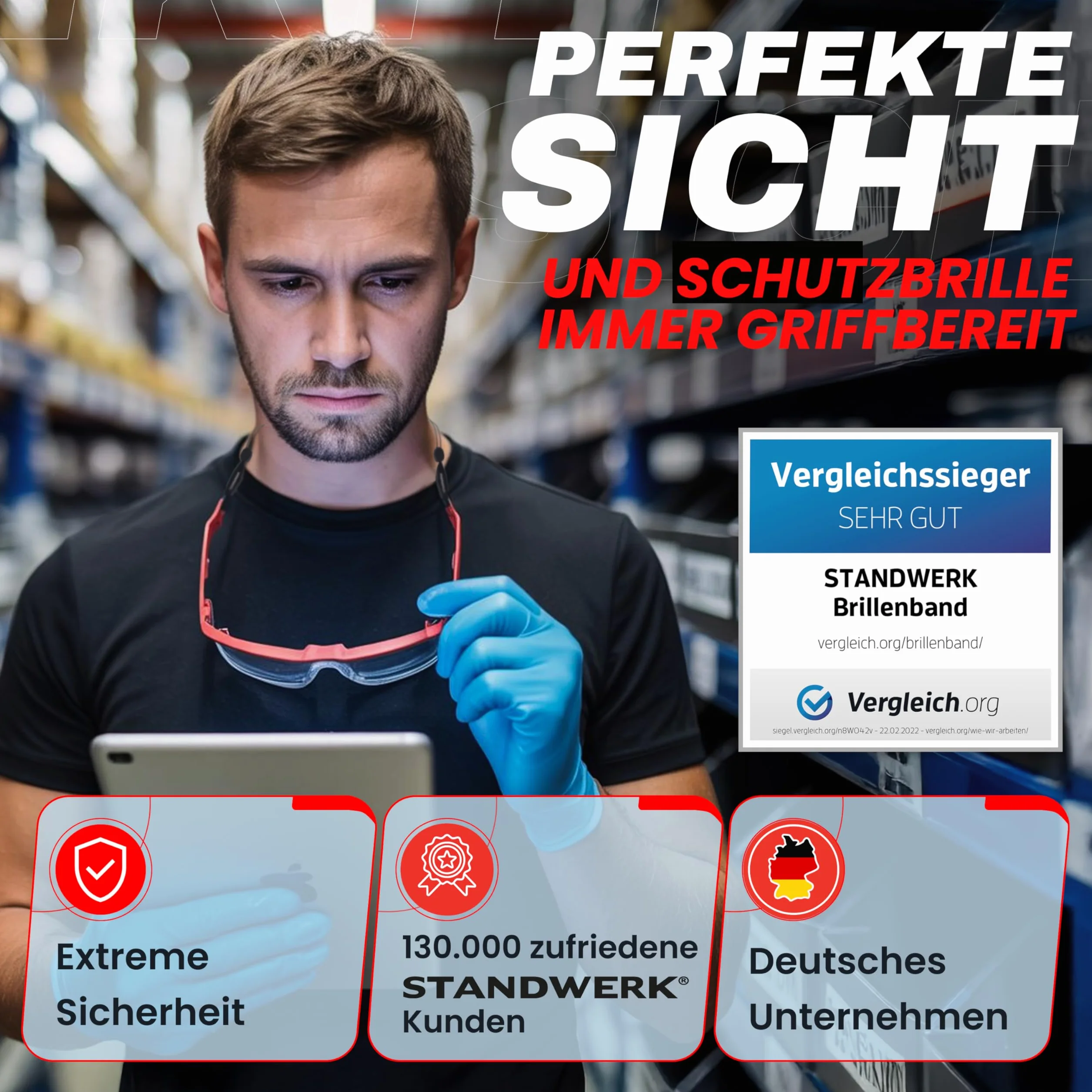 STANDWERK Pasek do okularów Work+ [efekt antypoślizgowy] do okularów ochronnych, okularów roboczych i okularów ochronnych dla osób noszących okulary – regulowany pasek na okulary ochronne, idealne