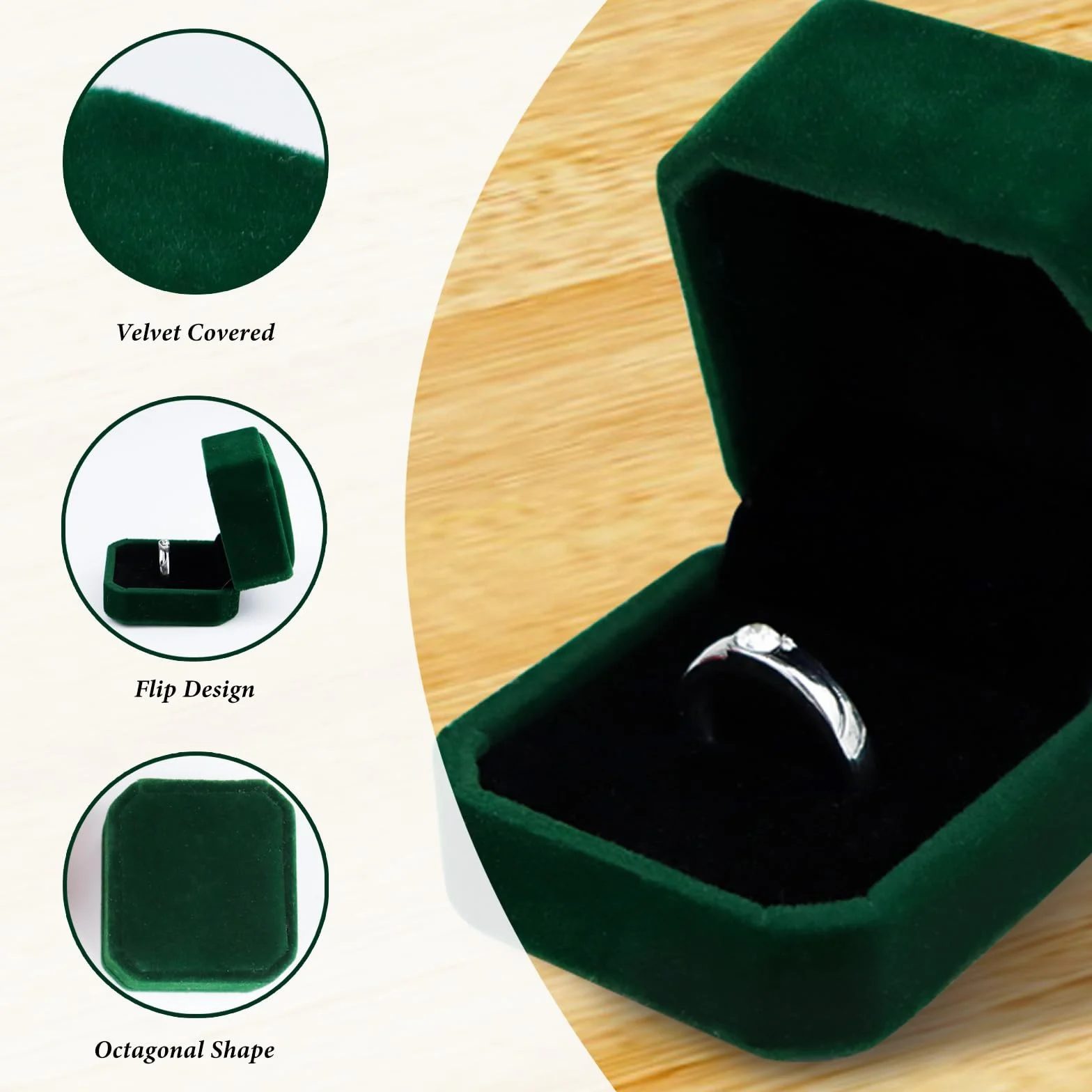Ringschachtel, Welonowa skrzynka na biżuterię ośmiokątna mała na prezent ślubny, Elegancka skrzynka na pierścionki, kolczyki, mini broszki (zielona)