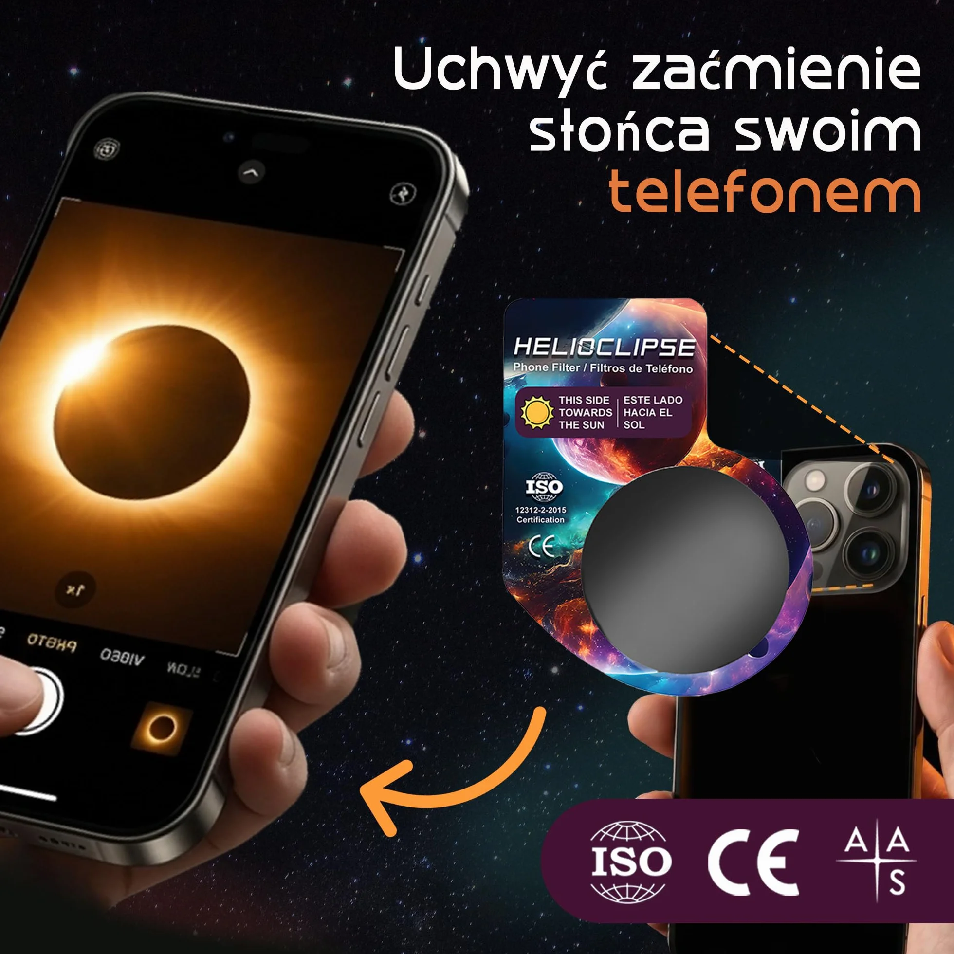 Okulary do oglądania zaćmienia Słońca Helioclipse 6 szt. 2026 - Przeznaczone do bezpiecznego oglądania zaćmienia Słońca - Zestaw 6 szt. - Bonus 1x filtr do telefonu