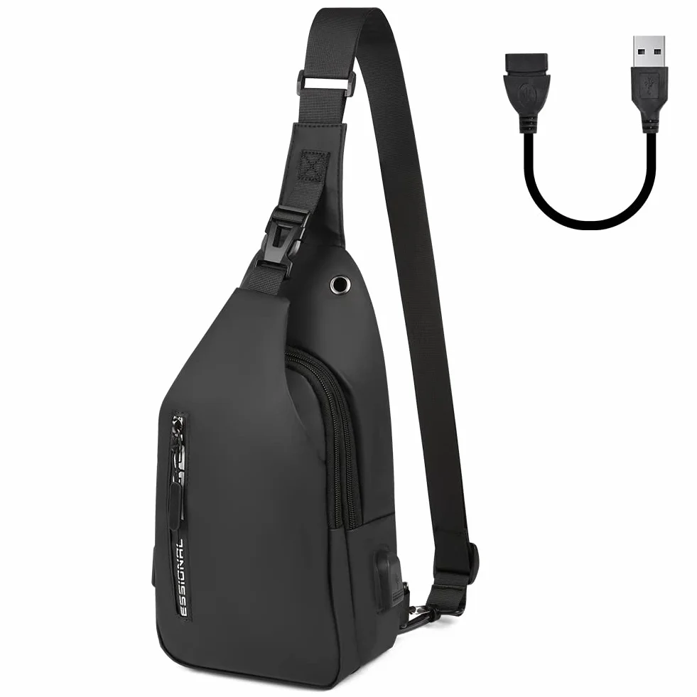 Aucuu Męska torba na klatkę piersiową, wodoodporna torba na ramię, torba na klatkę piersiową z portem ładowania USB, plecak podróżny na wędrówki, jazdę na rowerze, podróże, kemping (z 1 x USB), Czarny