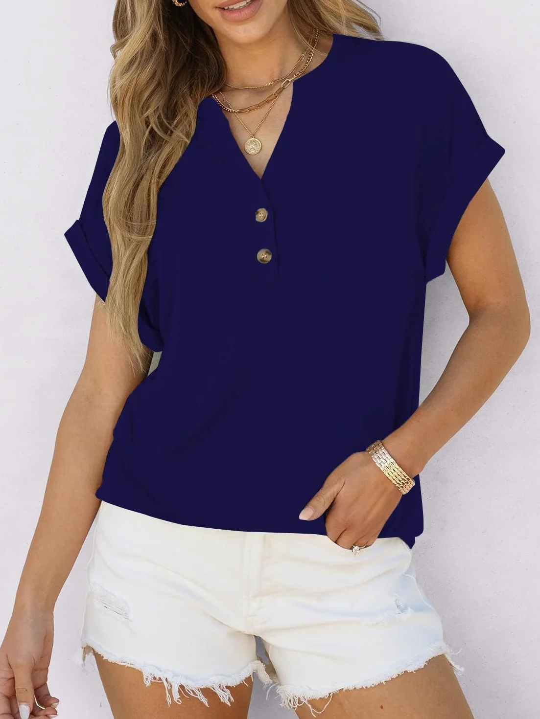Cuptacc T-shirty Damska V-Wycięcie Oversize Koszula Damska Lato Krótki Rękaw Elegancka Z Listwa Guzikowa Top