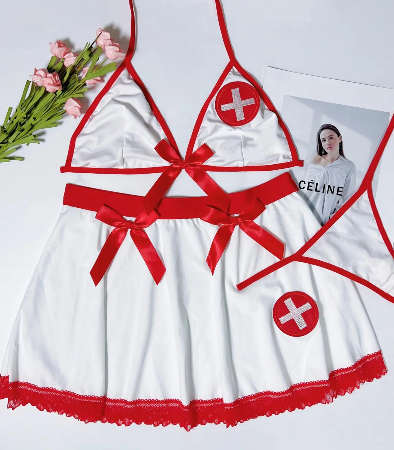 Rayson Bielizna pielęgniarki kobiety seksowna bielizna pielęgniarka zestaw cosplay pielęgniarka mundur z stringami mini spódnice