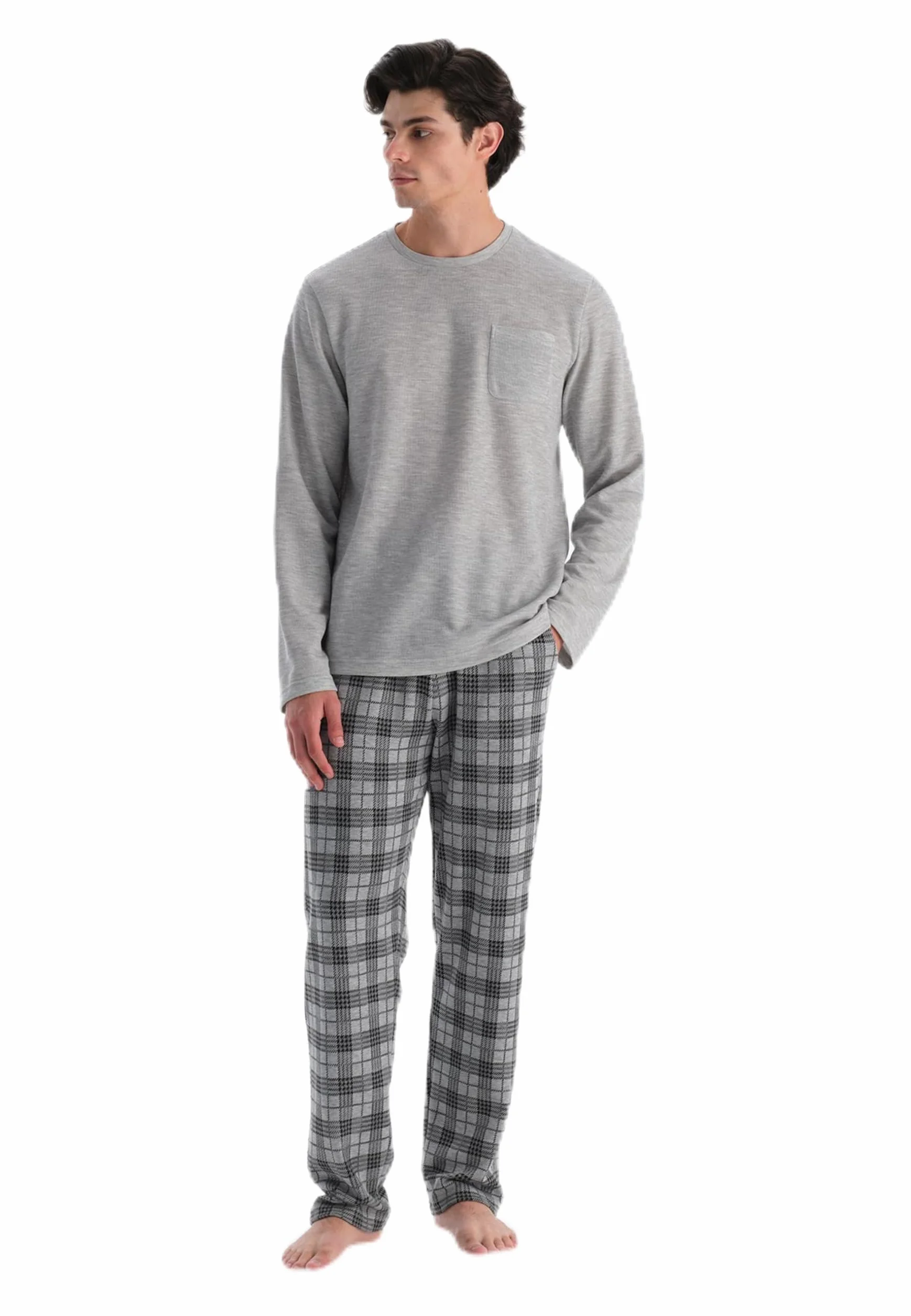 Dagi Zestaw piżamowy Mężczyźni Crew Neck Long Sleeve Plaid Pants Pajama Set