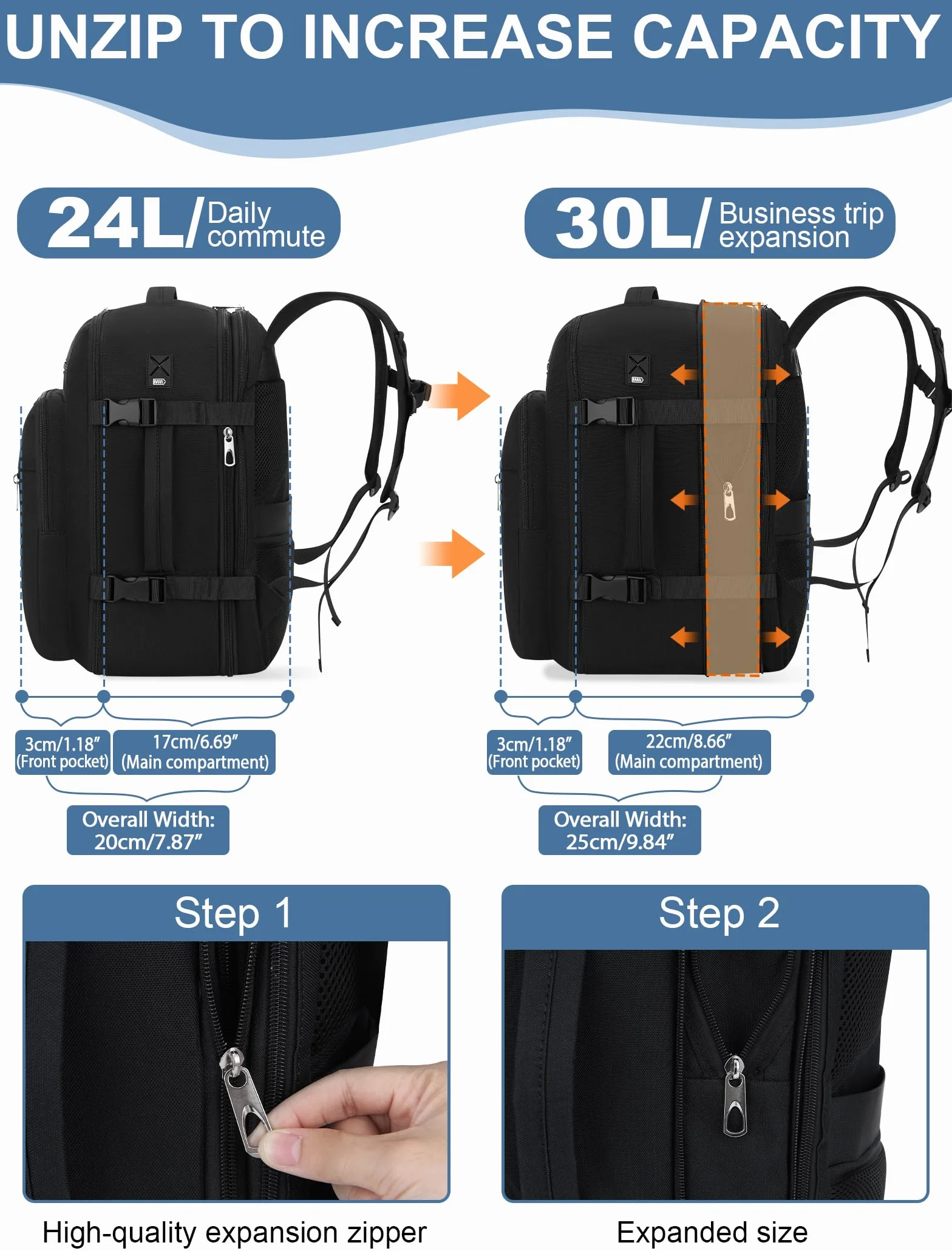 Bagaż Podręczny 40x30x20 Plecak, 24-30L Rozkładany 40x30x25 Plecak Podróżny Męski i Damski do Ryanair, Eurowings, Wizzair, Vueling,Cabin Bag Travel Backpack do Pracy, Biznesu i Podróży, Czarny