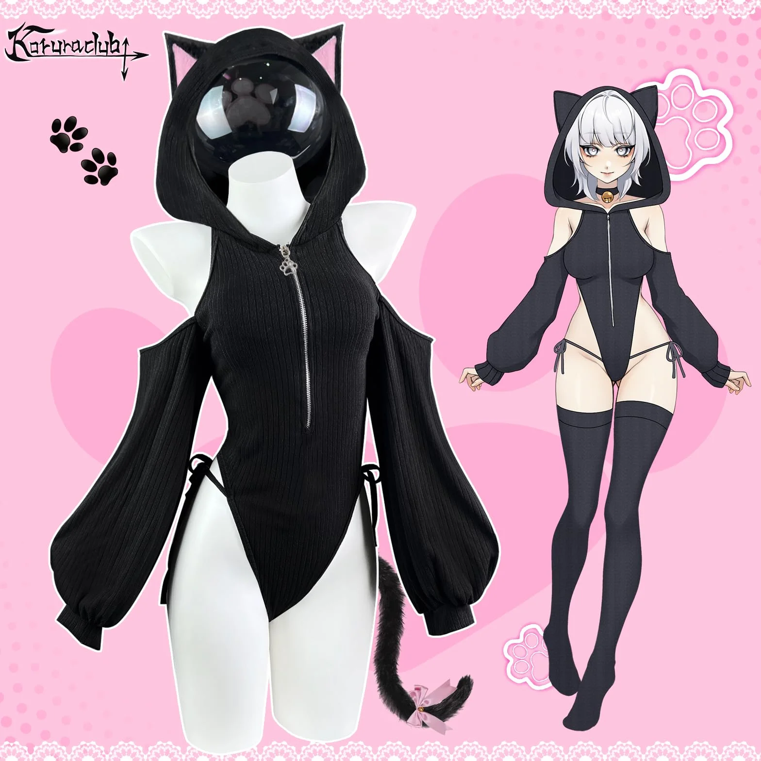 KORURACLUB Cosplay Kostium z Kotami (3-Częściowy Zestaw) Seksowny Damski Kostium na Halloween Seksowny Kostium Anime