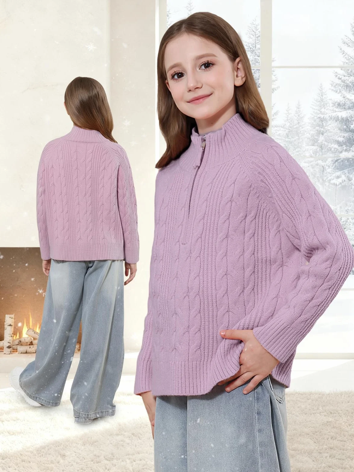 Dziewczęcy sweter z dzianiny z zamkiem do połowy, stójka, dzianina, ciepły sweter z długim rękawem, miękki, przytulny sweter, jesienno-zimowy, topy dla dzieci w wieku 5-15 lat