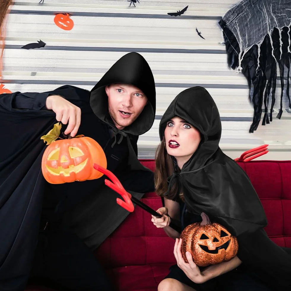 AOOWU Czarna peleryna z kapturem, długi kostium wampirów, peleryna Halloween na przebranie na karnawał, peleryna Halloween na karnawał przyjęcie urodzinowe