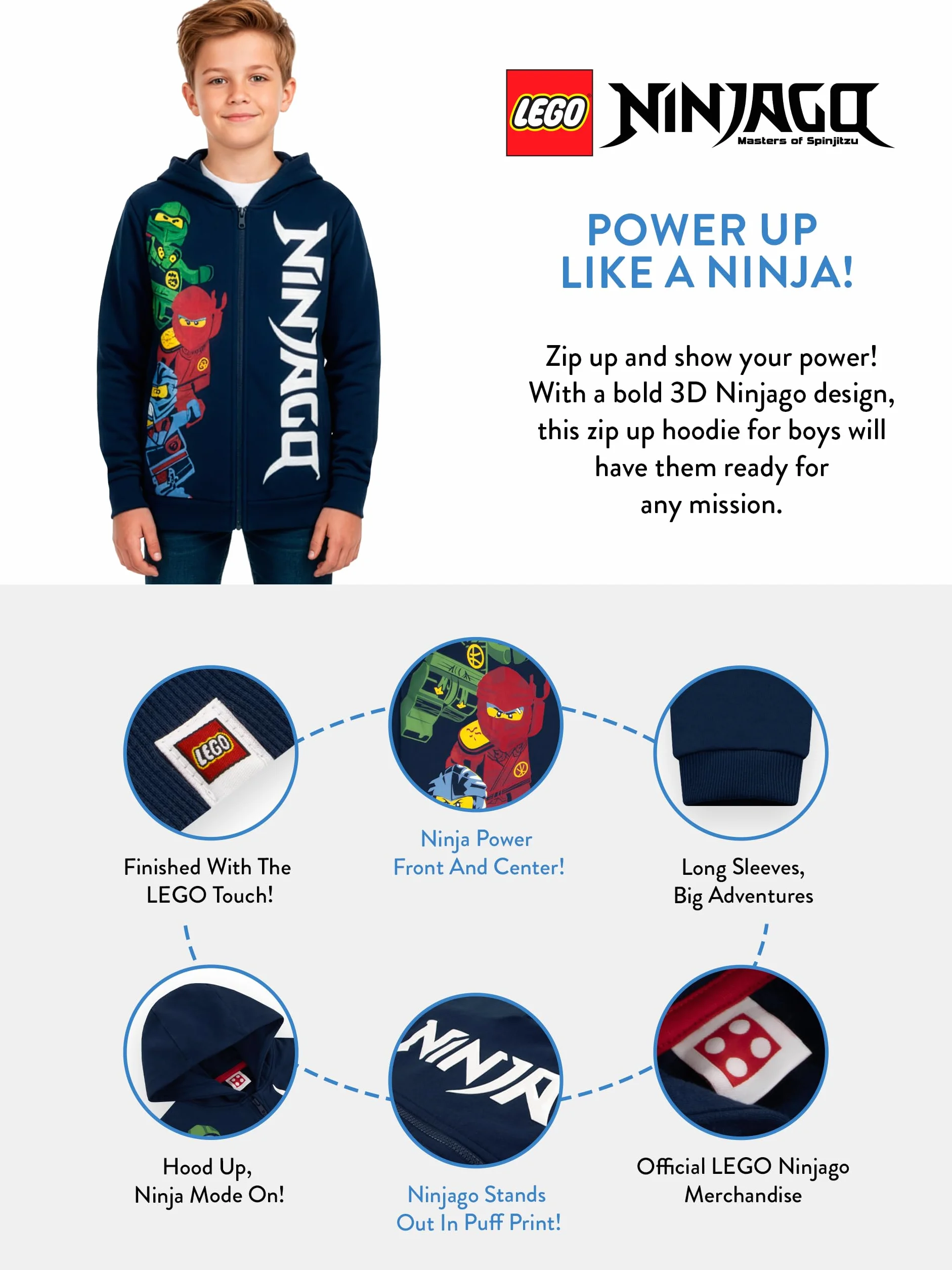 Bluza z kapturem Lego Ninjago | Ubrania Ninjago dla chłopców | Dziecięca bluza Ninja | Wiek od 5 do 13 lat