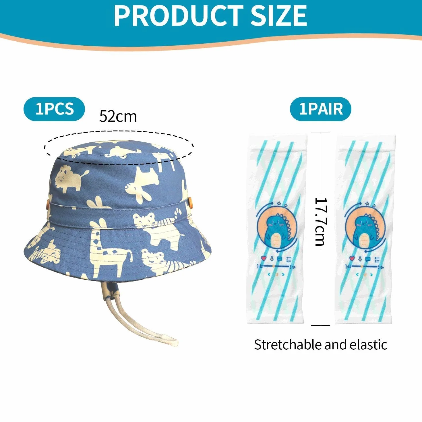 1 sztuka dziecięca czapka typu bucket, 1 para rękawów dziecięcych, dziecięca czapka przeciwsłoneczna, regulowana czapka wiadro, urocza czapka przeciwsłoneczna ze zwierzętami