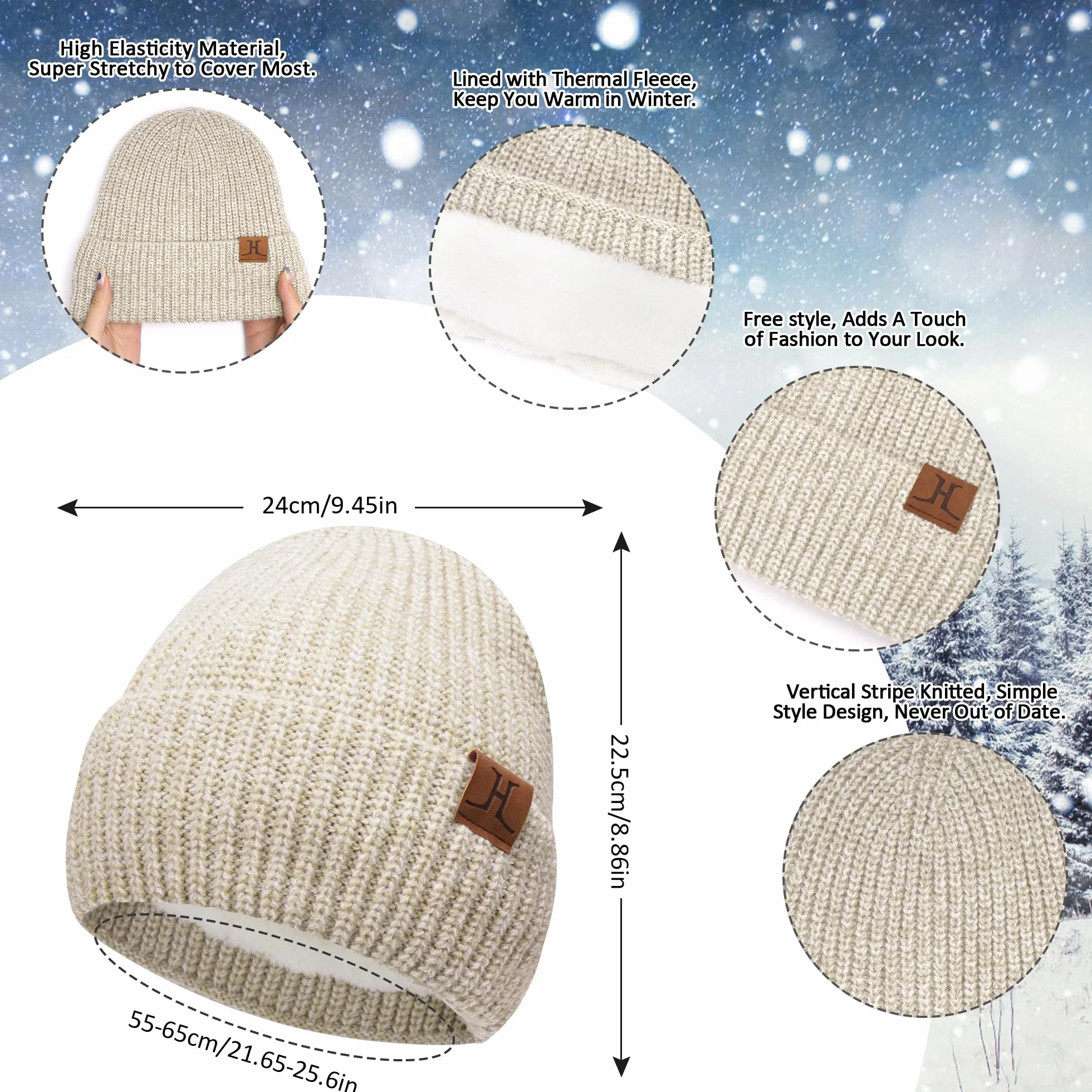ZASFOU Damskie zimowe ciepłe czapki beanie, długi szalik, rękawiczki dotykowe - zestaw dzianinowych szalików na szyję i czapek typu skull cap z polarem, prezenty dla kobiet, Biały, beżowy, Rozmiar