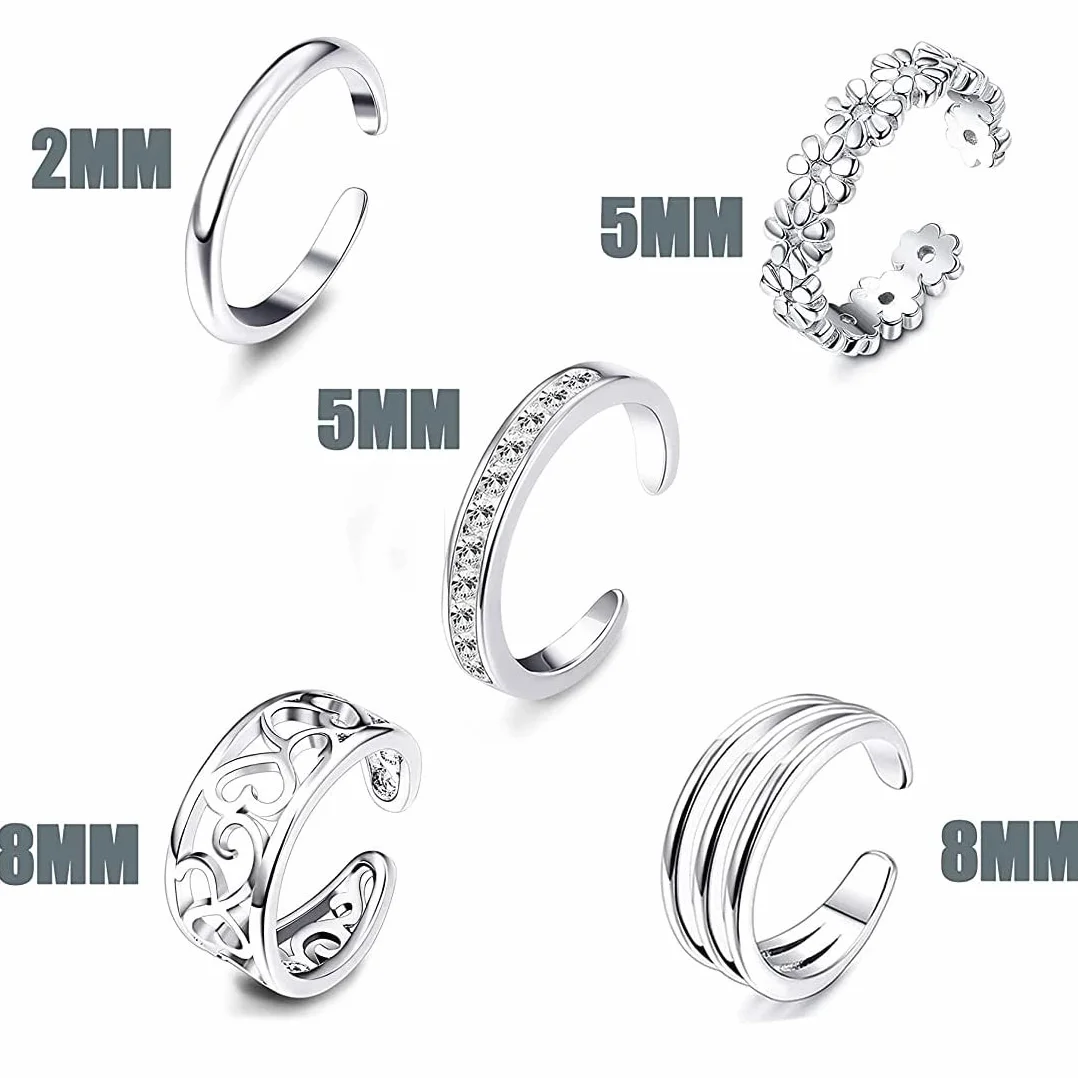 5 szt. 926 Sterling Silver Toe Rings dla kobiet, zestaw biżuterii z otwartymi regulowanymi pierścieniami