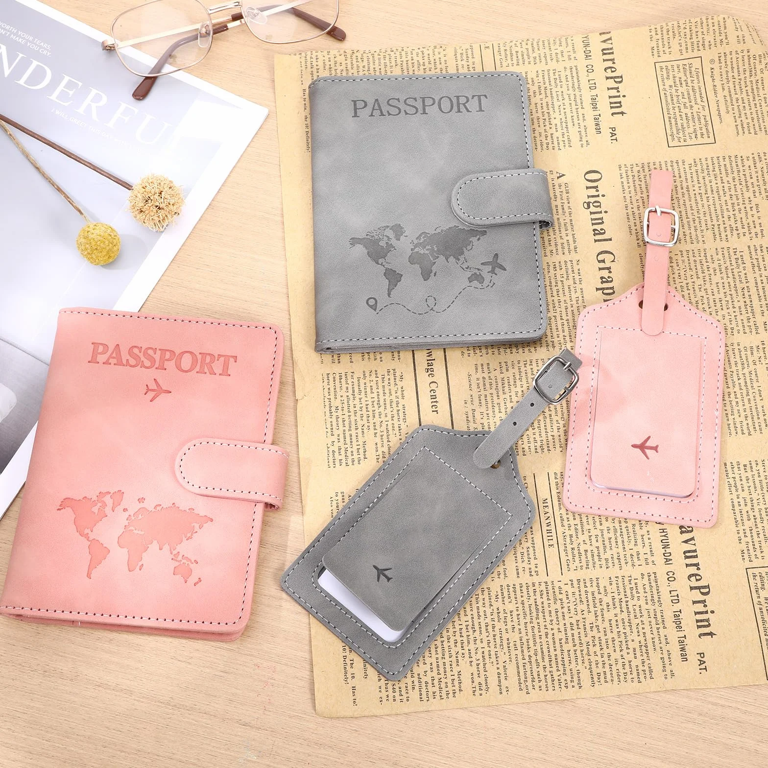 Etui na paszport Holder z zawieszką do walizki, etui na paszport 11 x 15 cm/4,33 x 5,91 cala skóra PU Blokada RFID do dokumentów podróżnych, szary + różowy., 11x15cm/4.33x5.91inch, Klasyczny
