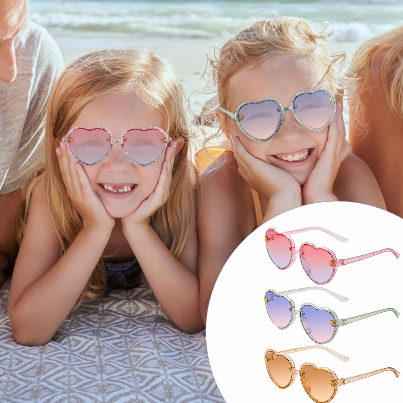 3 Pary Dzieciece Okulary Przeciwsloneczne w Ksztalcie Serca, Stylowe Dzieciece Okulary w Ksztalcie Serca z Dekoracja Pszczól dla Dziewczat Chlopców w Wieku 3-10 Lat Impreza na Plazy (3 Kolory)