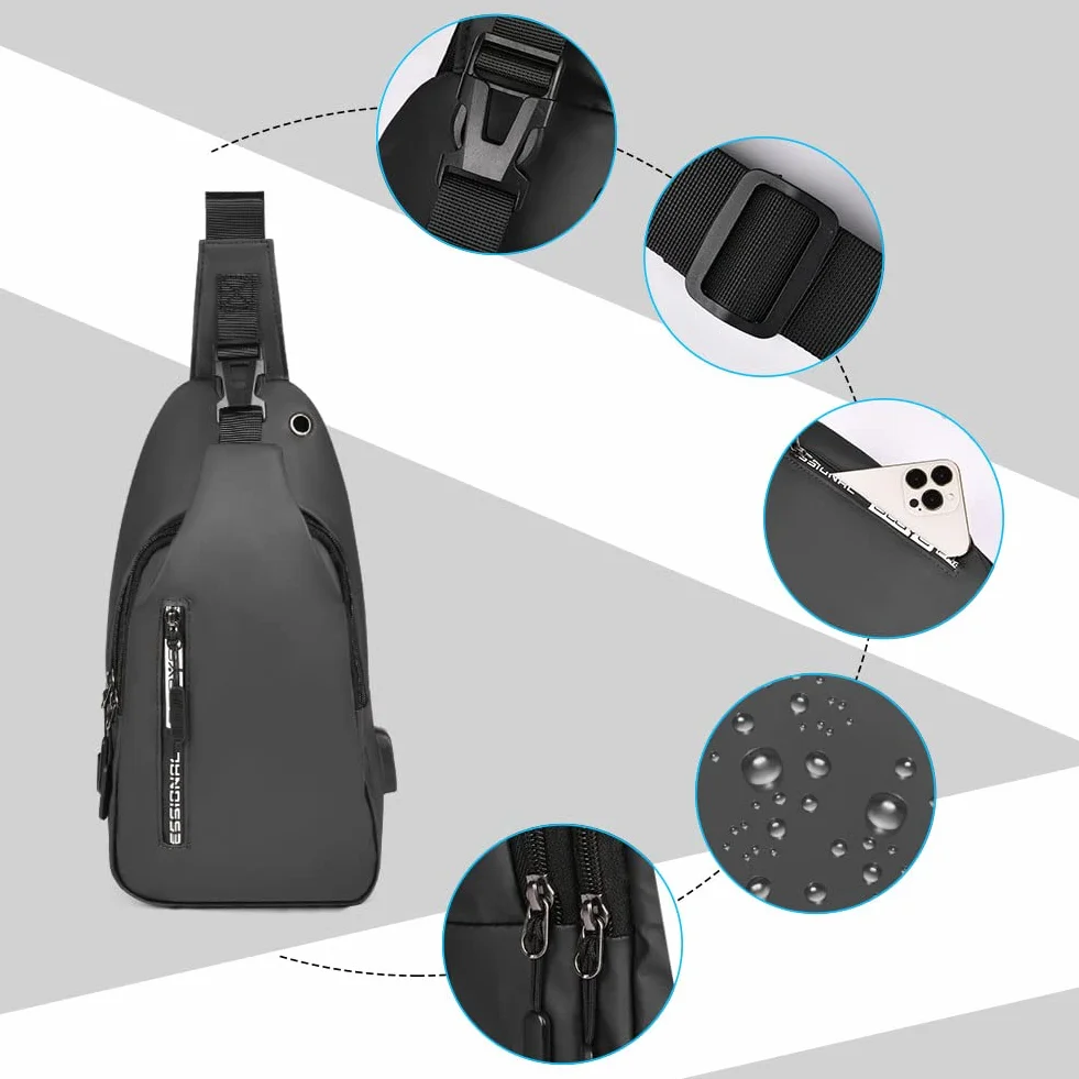 Aucuu męska torba na klatkę piersiową, torba na ramię z portem USB do ładowania, wodoodporna torba na ramię, torba na piersi Crossbody (z USB*1), #2 Szary