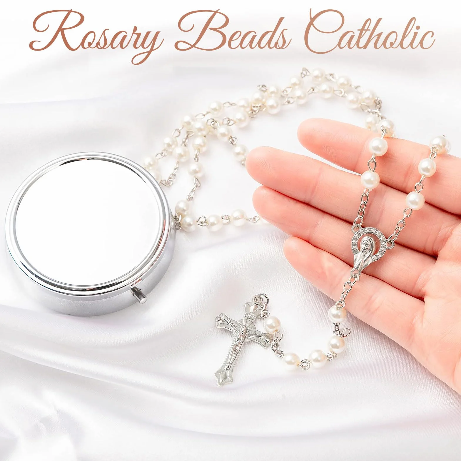 GlamRays Rosaria Beads Catholic - prezenty bierzmujące dla nastolatek, srebrne metalowe pudełko upominkowe w prostym stylu, biały różaniec ze sztucznej perły, prezenty dla kobiet, Large