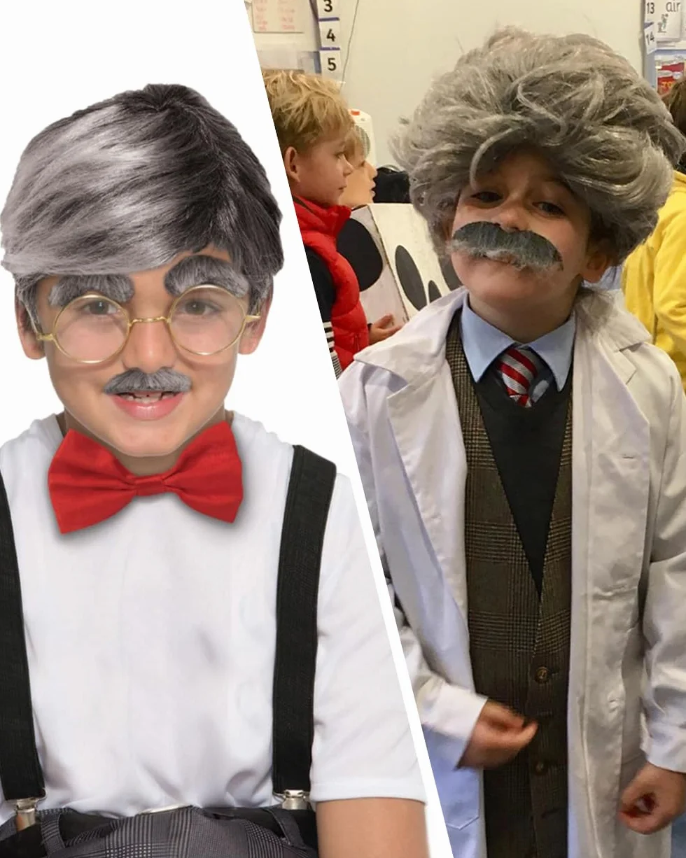 Kostium starego mężczyzny, peruka, wąsy, brwi, okrągłe okulary i nadmuchiwana laska, męski, Halloween, karnawał, nowatorskie rekwizyty, stary profesor, szalony naukowiec, Albert Einstien