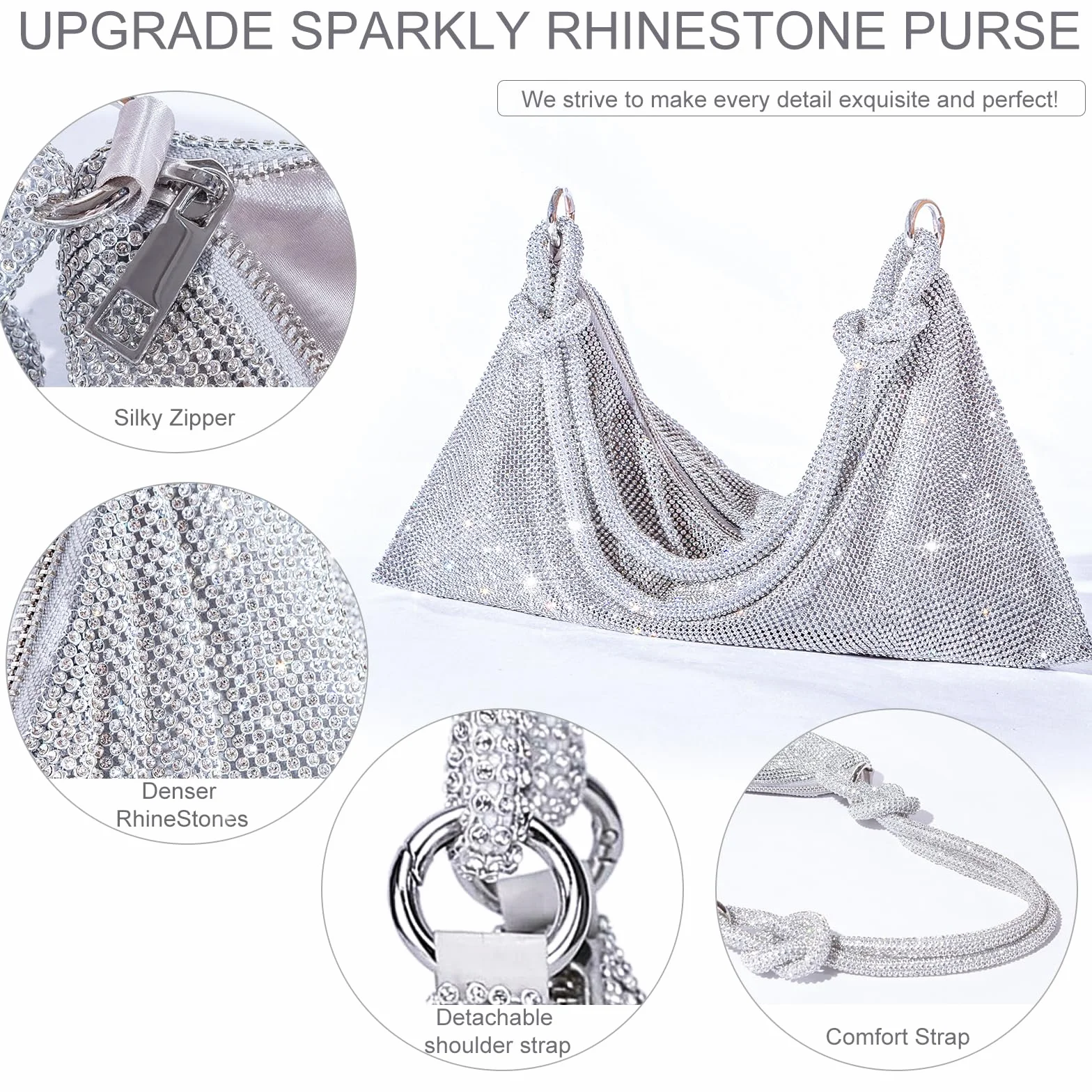 TOPALL Clutch błyszcząca damska srebrna torebka wieczorowa, torebka z diamentami na ramię, srebrna, elegancka z zamkiem błyskawicznym, kamienie strasu, kopertówka, torebka na ramię na imprezę, czas