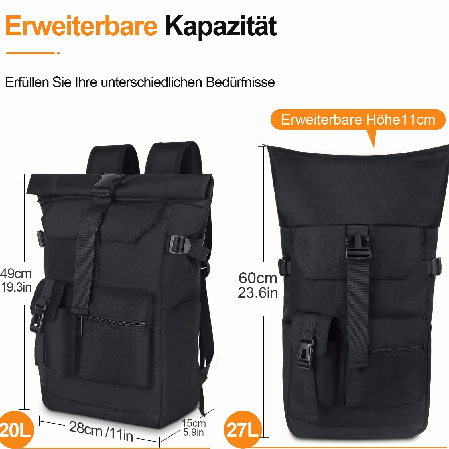 Rolltop plecak wodoszczelny, duży plecak dla mężczyzn i kobiet, Plecak zwijany z kieszenią na laptopa o przekątnej ekranu 17,3", plecak podróżny, plecak turystyczny, do pracy(Czarny) (czarny)