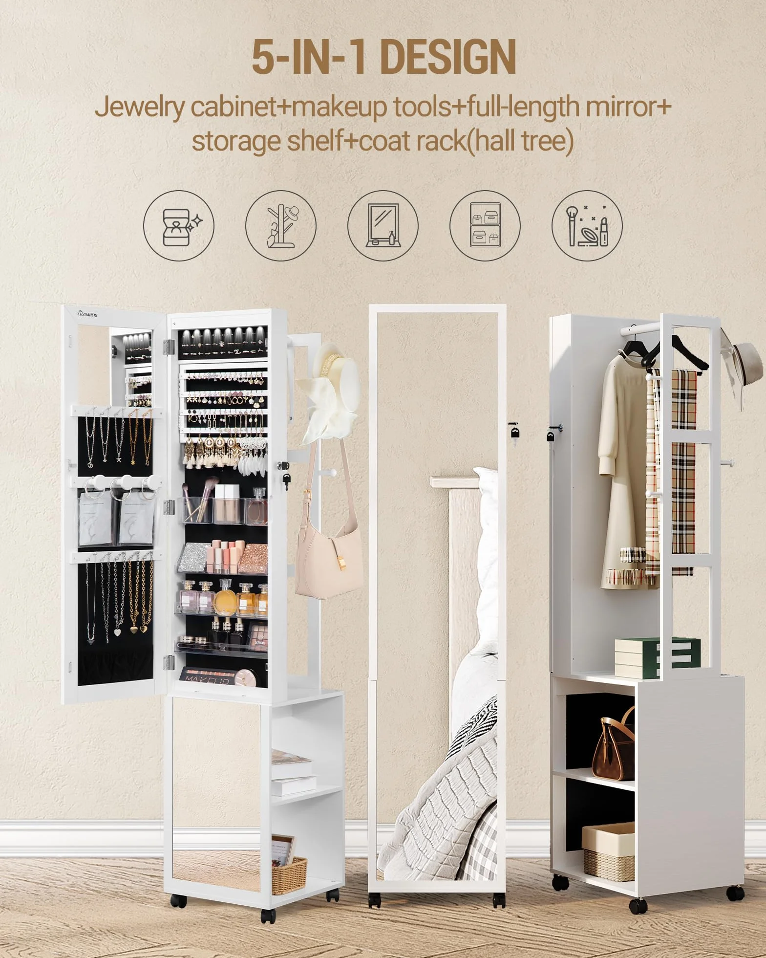 Hzuaneri Szafka na biżuterię, szafka z lustrem, stojący organizer na biżuterię z 1 stojakiem na ubrania, 3-poziomowa półka z 4 haczykami na ubrania biało-czarne JC17003B