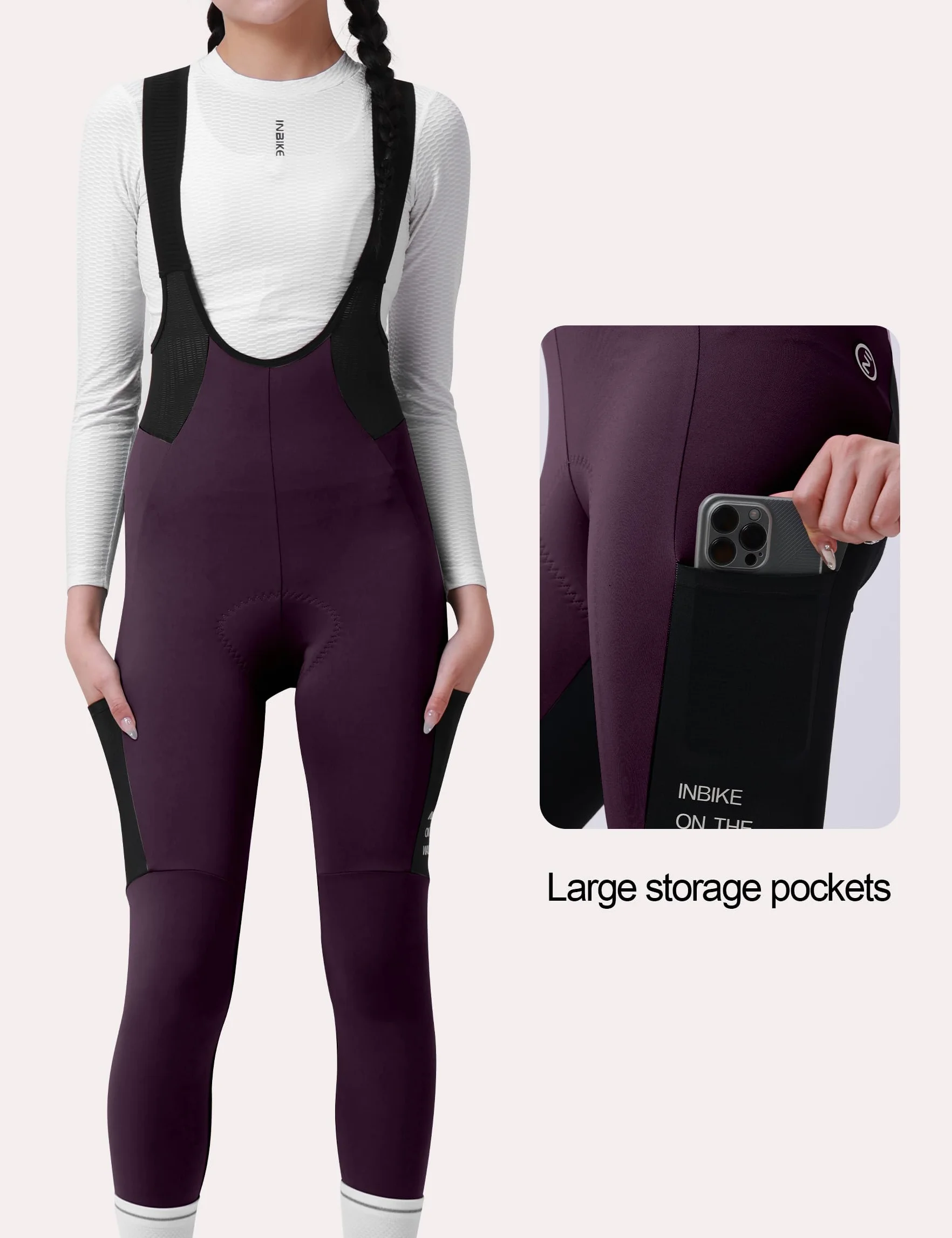 INBIKE Spodnie rowerowe Bib Bib, spodnie rowerowe, damskie, długie, zimowe, termiczne, wyściełane, z kieszeniami, polarowe, odblaskowe logo, oddychające, elastyczne, wygodne
