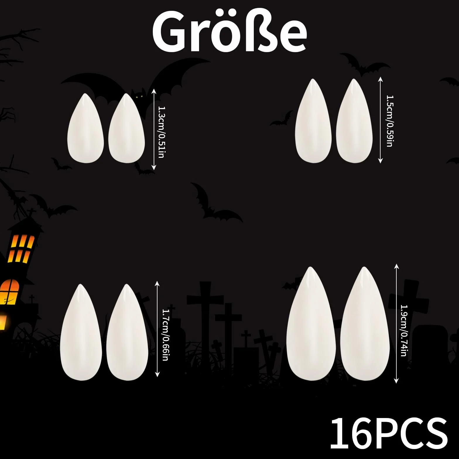LOMIMOS Zęby wampira, zawiera 2 pary zębów wampira w czterech różnych rozmiarach, z 1 tubką kleju na zęby i pęsetą, na imprezę Cosplay, rekwizyty Halloween, imprezę, kły