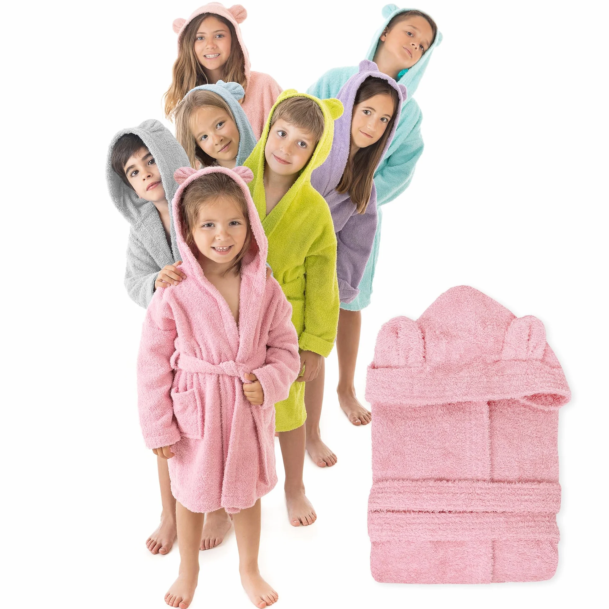 LEBENGOOD Szlafrok dziecięcy z uszami - unisex, 100% bawełna OEKO-TEX®, kieszenie, pasek, kaptur