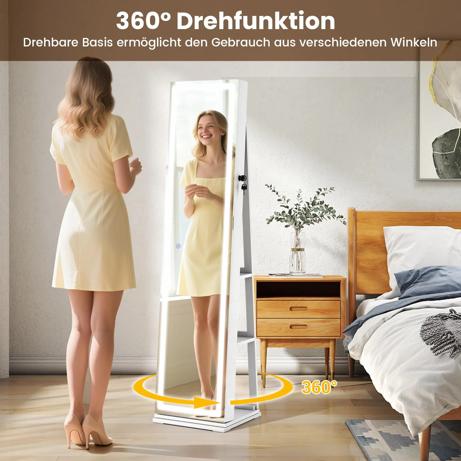 COSTWAY szafka na biżuterię obrotowa o 360° z pełnym lustrem LED, szafka z lustrem zamykana z lustrem do makijażu, stojąca organizerka na biżuterię do łańcuchów, kolczyków, kosmetyków (Biały)
