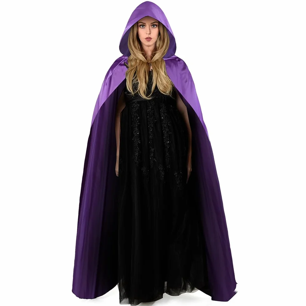Aomig Czarna peleryna z kapturem na Halloween dla dorosłych, długa peleryna z kapturem, czarownica, akcesoria do cosplay, tajemniczy czarodziej, bajkowy, fantazyjny kostium, Halloween, maskarada