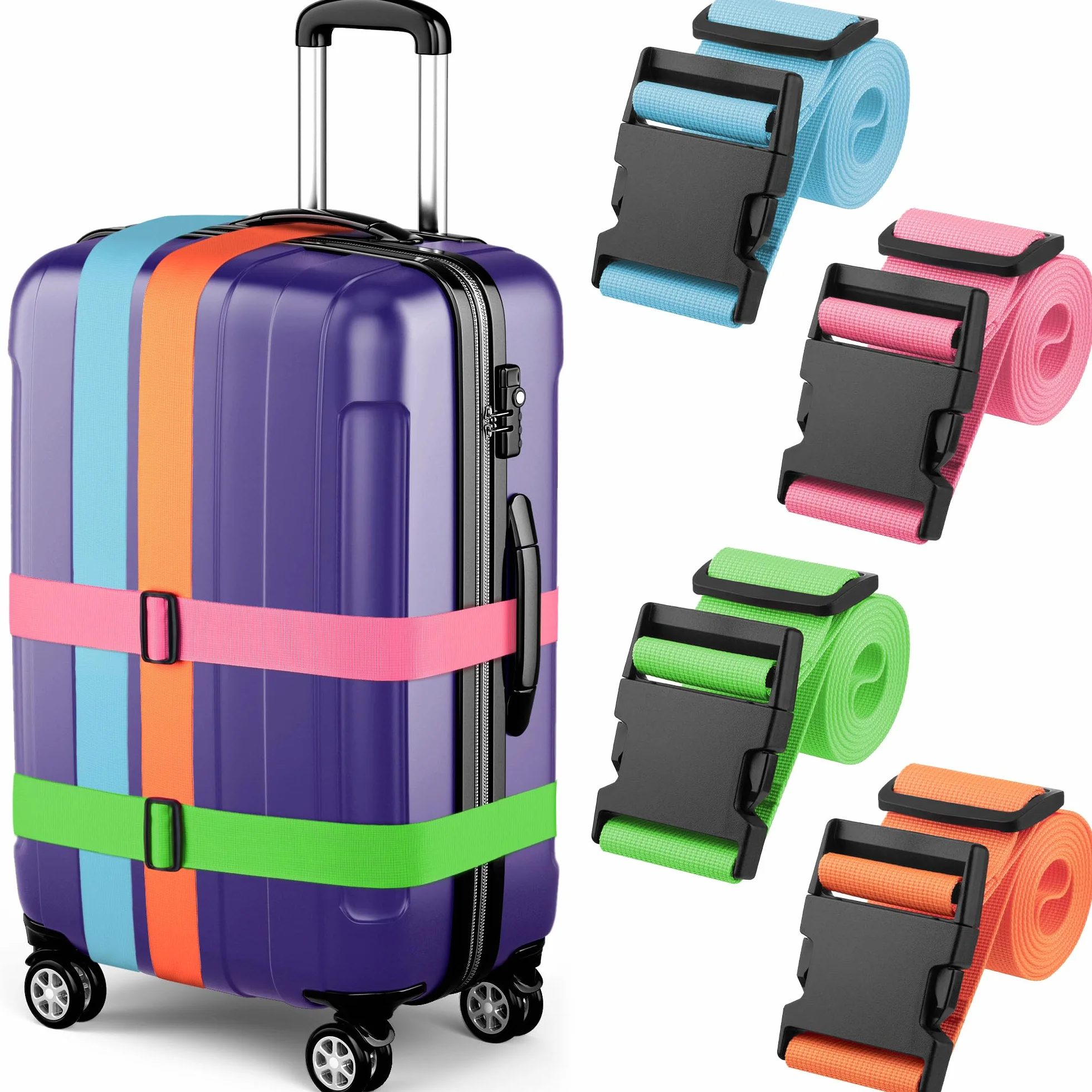 Luggage Straps - Mixed Color, 2m Long, 5cm Wide, 4 Pack - Adjustable Nylon Belt for Travel Suitcases & Bags - by Mifflin