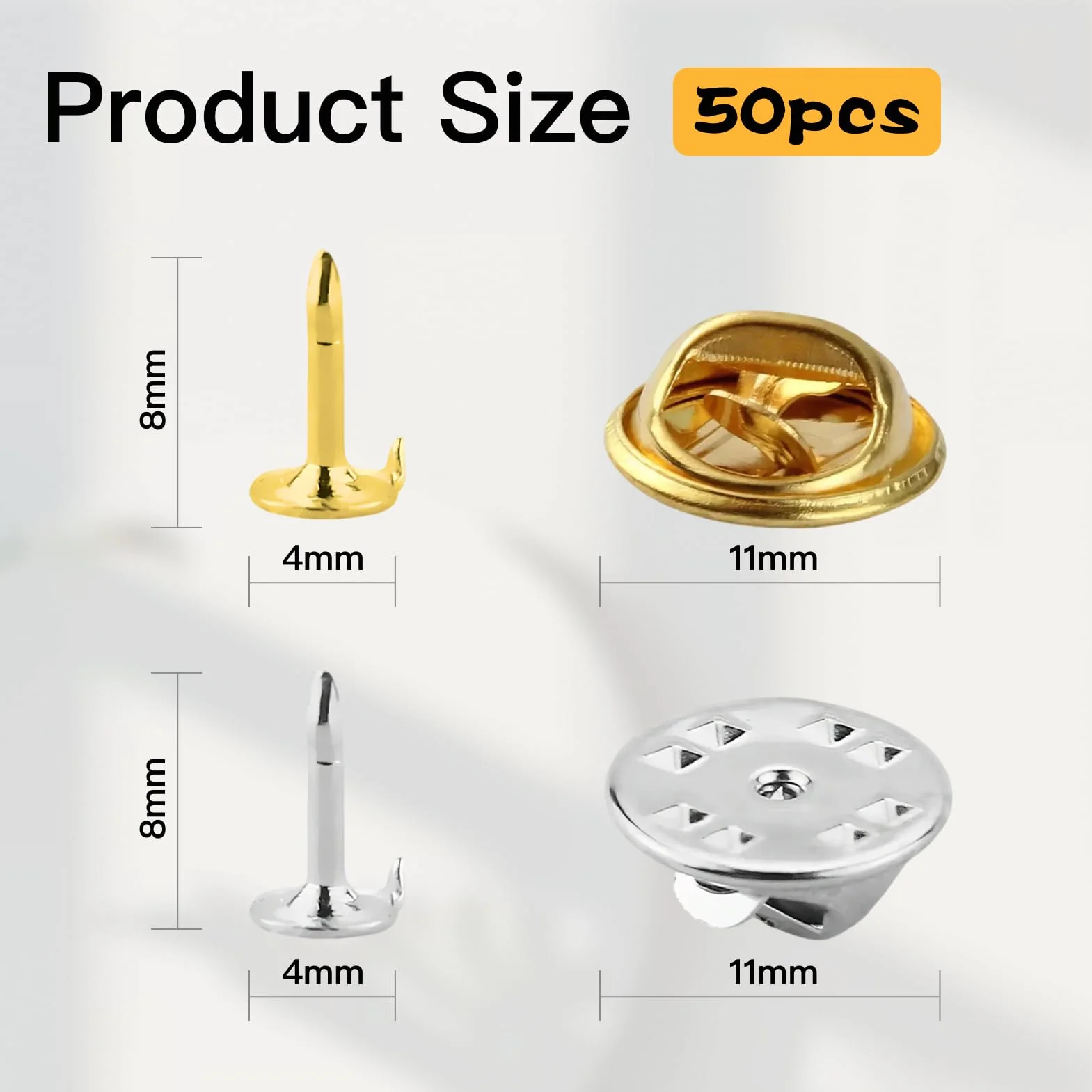 50 par przypinek z zapięciem motylkowym, 10 mm, wysokiej jakości szpilki zabezpieczające z niklowanego mosiądzu do broszek, znaczków i produkcji biżuterii, złote i srebrne
