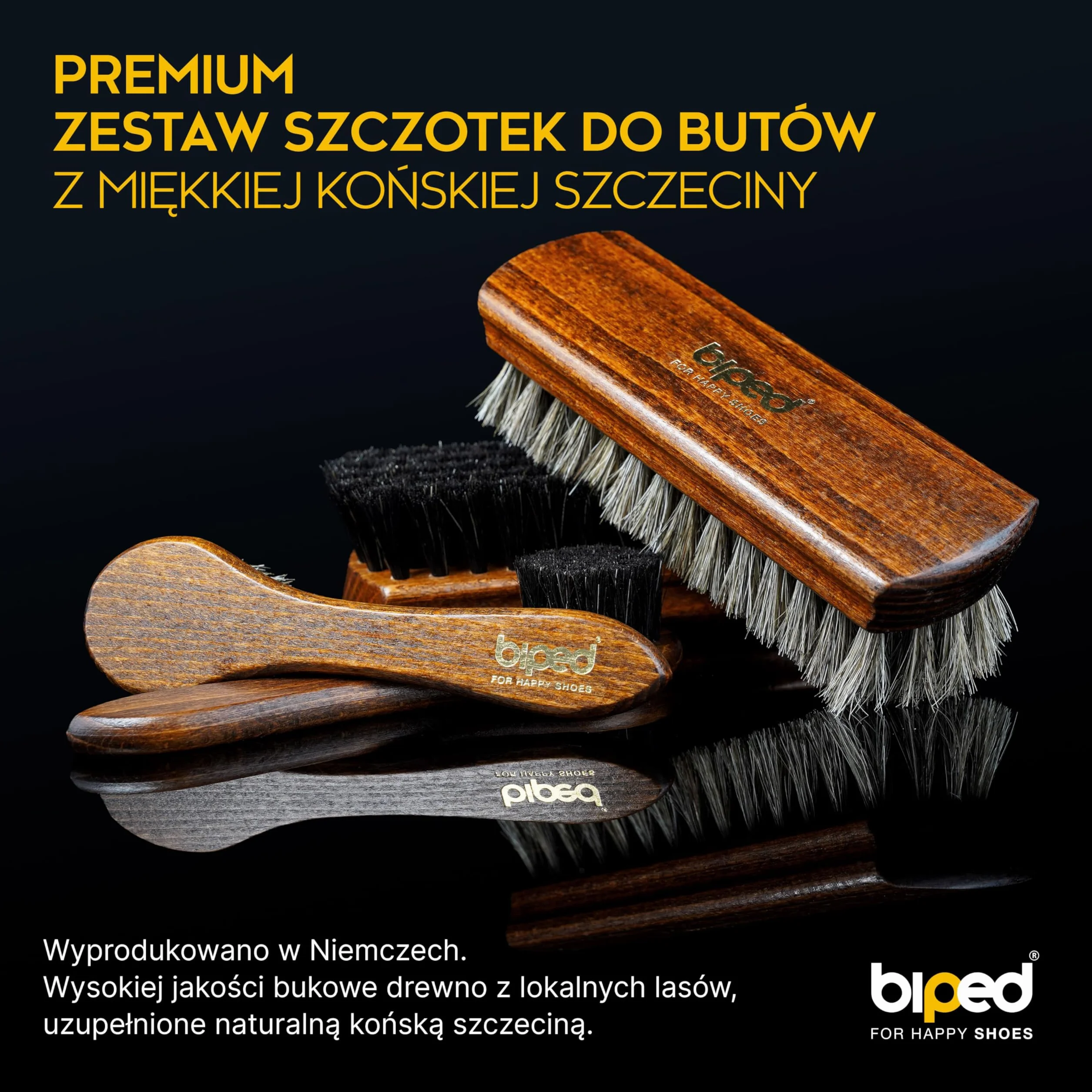 biped Zestaw 4 szczotek do butów Classic w pudełku – 2 szczotki do nakładania pasty + 2 do polerowania z końskiego włosia – komplet z drewna bukowego do pielęgnacji obuwia z2487