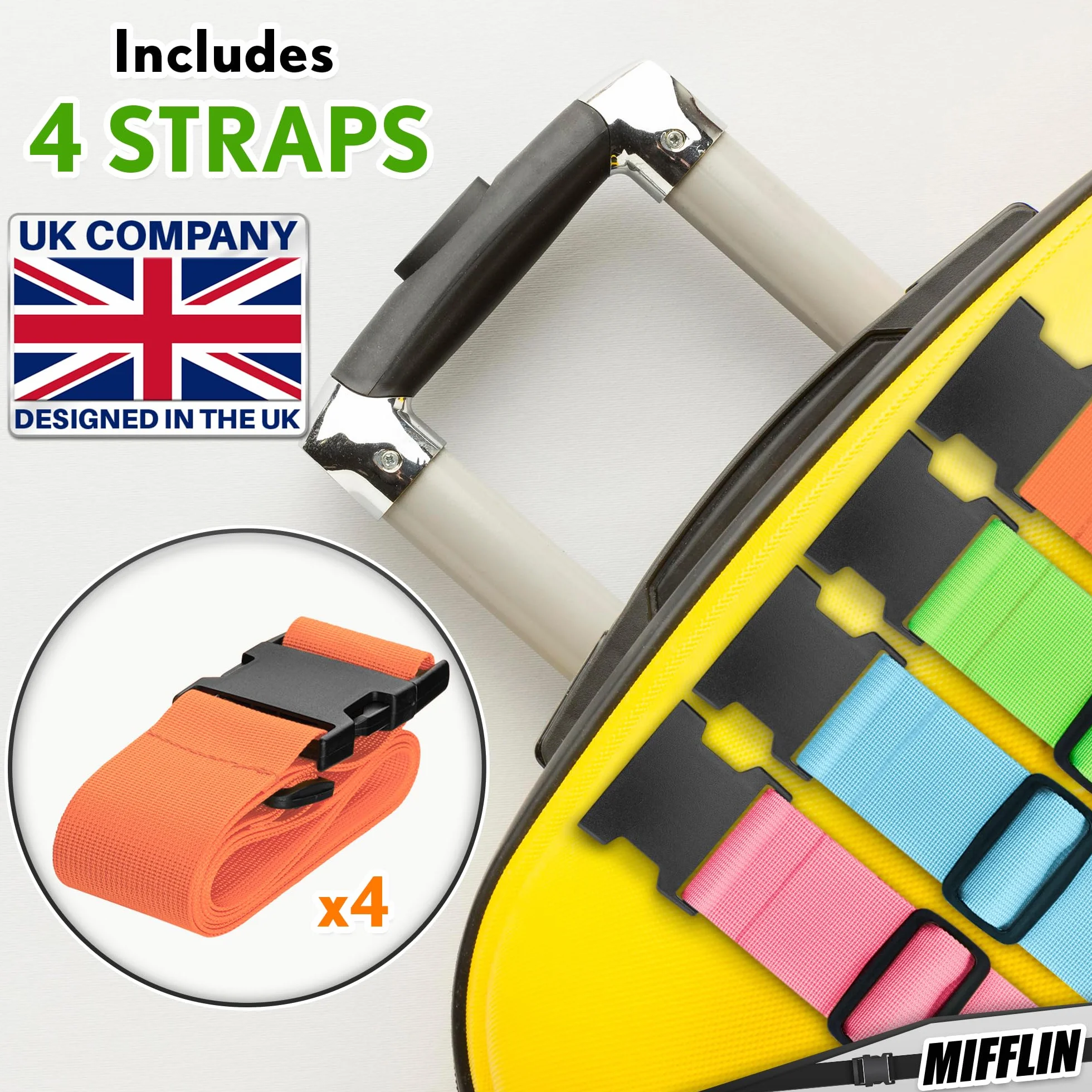 Luggage Straps - Mixed Color, 2m Long, 5cm Wide, 4 Pack - Adjustable Nylon Belt for Travel Suitcases & Bags - by Mifflin
