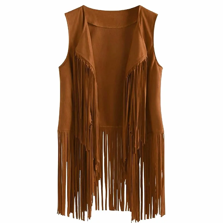 Damskie topy z frędzlami, styl lat 70., hipisowski kostium, kowbojka, kamizelka z frędzlami, tank top z krótkim rękawem, kurtka, stroje