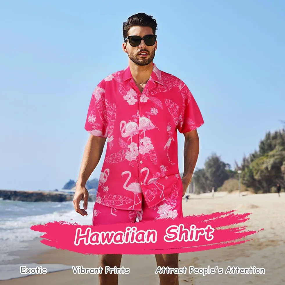 Aomig Zestaw hawajskich koszul i szortów dla mężczyzn, męski zestaw koszul z nadrukiem flaminga, letnie koszule Aloha, męskie koszule o regularnym kroju zapinane na guziki z krótkim rękawem, codzienne