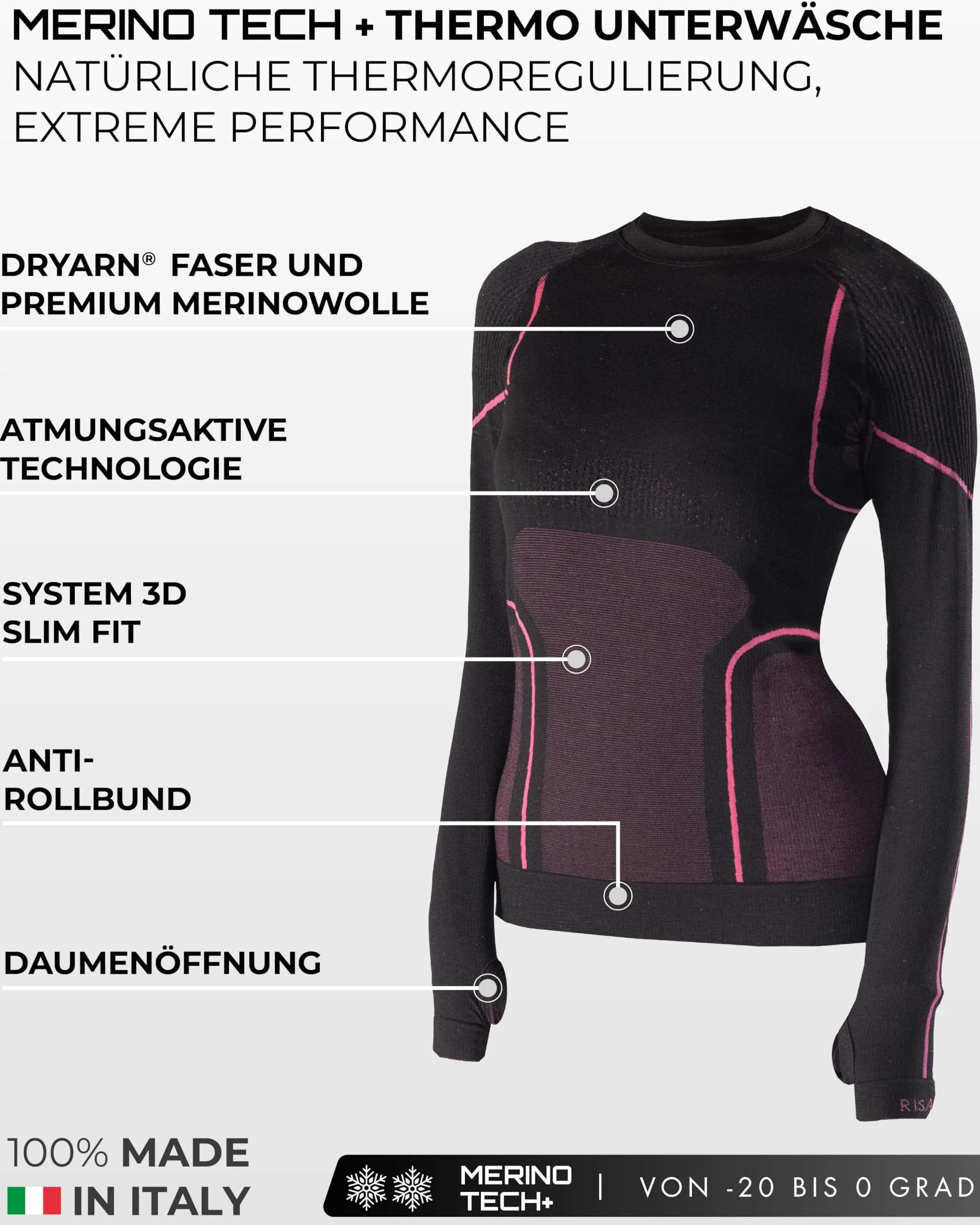Risalti Damska Koszulka Termiczna Z DłUgim RęKawem Merino Tech - Damski Kompresyjny Sweter Termiczny Z WełNy MerynosóW, Damska Zimowa Bielizna Termiczna - Made In Italy