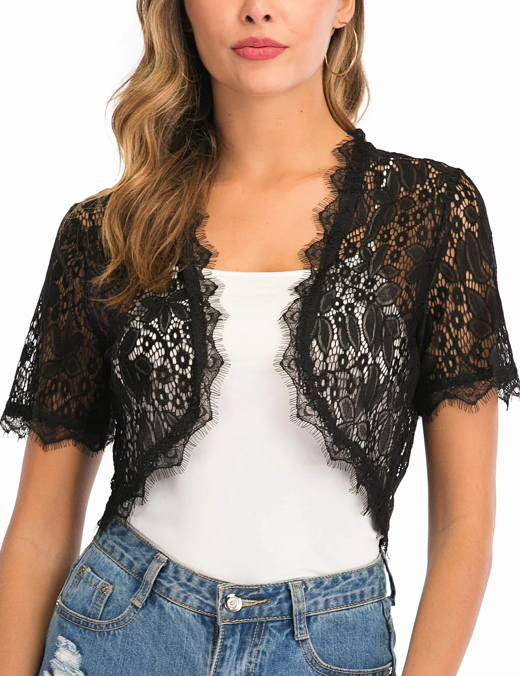 Enjoyoself Damski Shrug Lekki Koronkowy Krótki Rękaw Otwarty Przód Bolero Cardigan Cover Up Szydełkowy Krótki Płaszcz