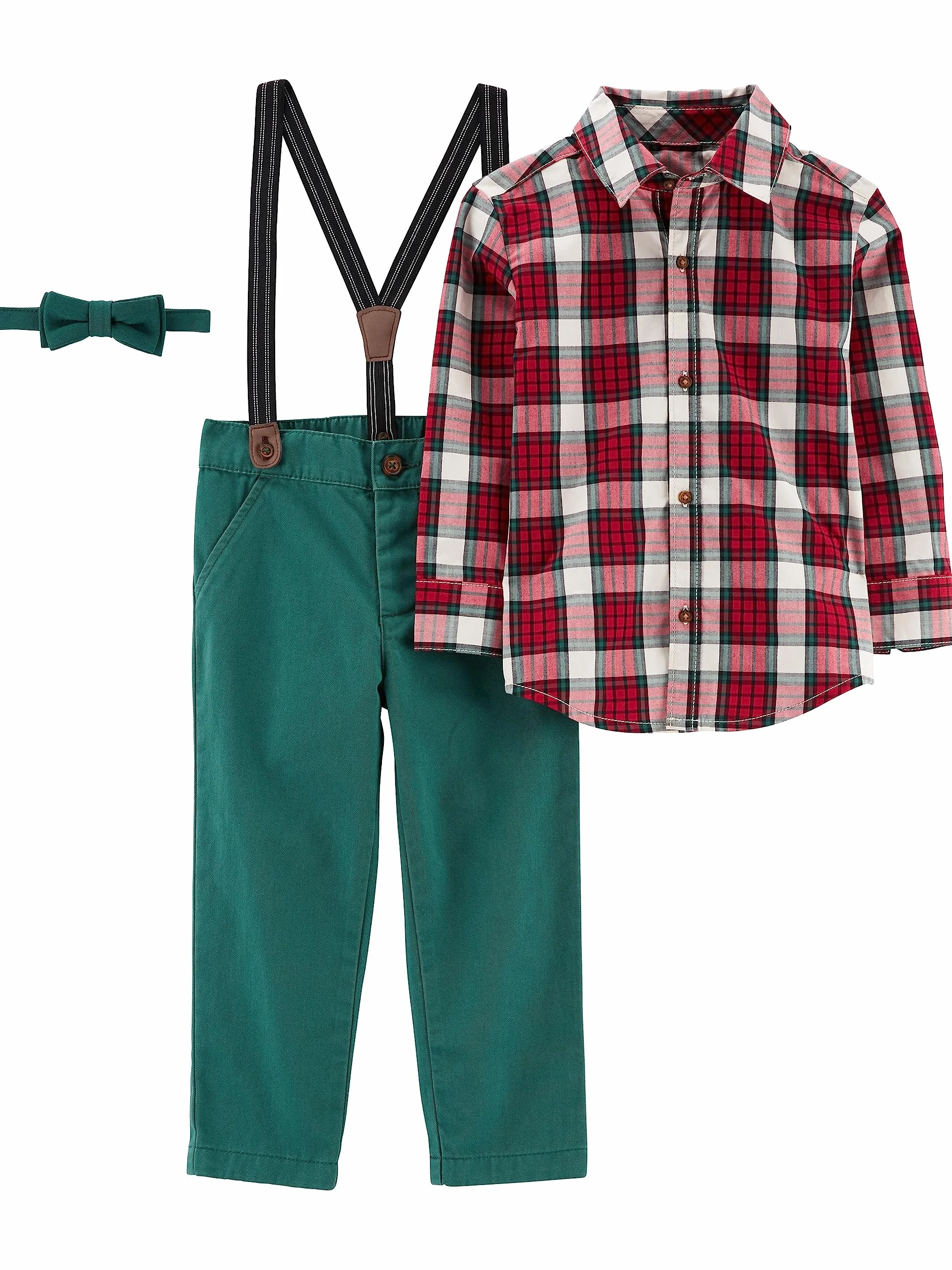 Simple Joys by Carter's Chłopcy 3-częściowy zestaw z muszką i szelkami na specjalne okazje (4 sztuki), Wrzos oliwkowy/czerwony tartan w kratę, 4 Jahre