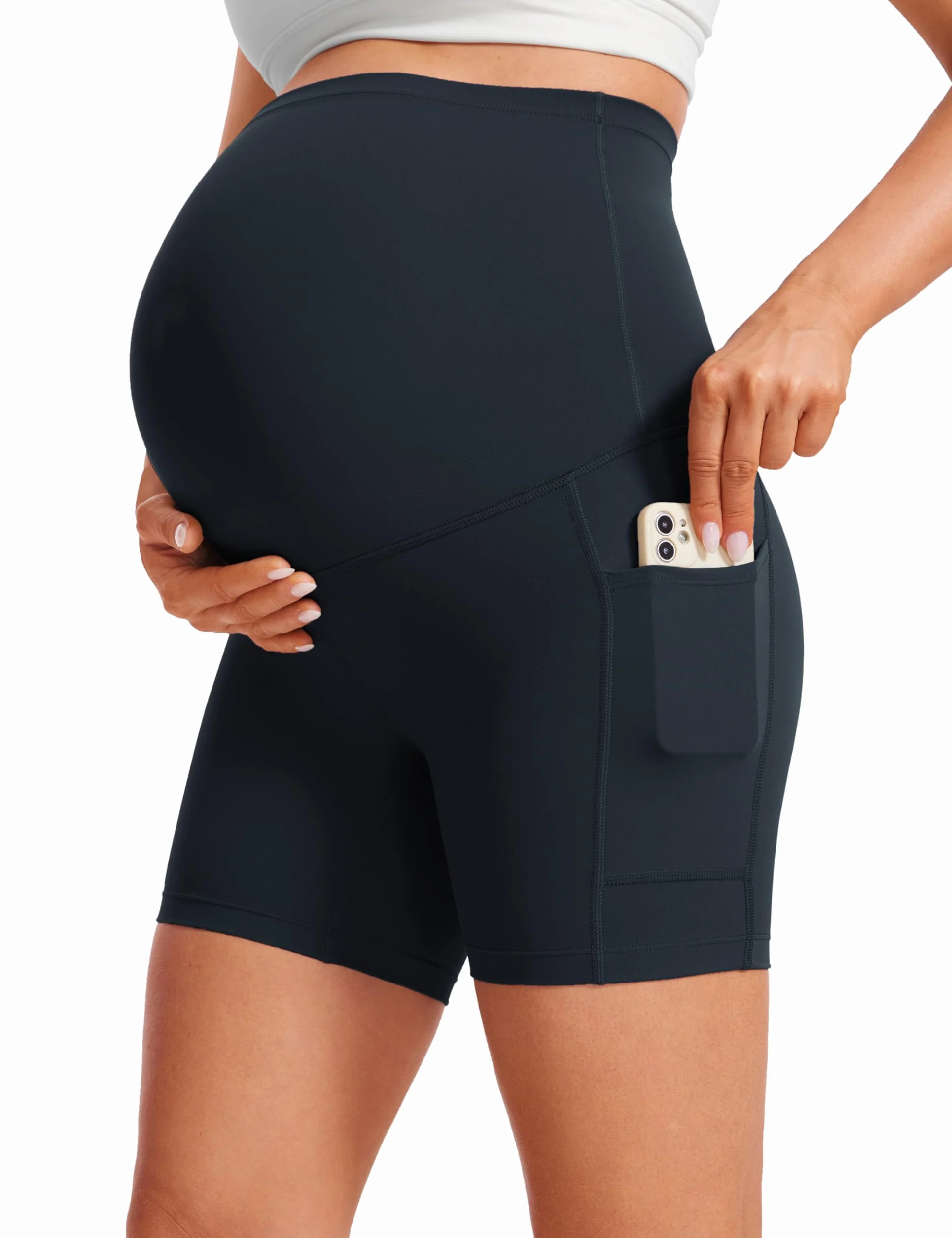 CRZ YOGA Damskie spodenki ciążowe Butterluxe do jogi typu biker z kieszeniami 13/20cm – zakrywające brzuch do ćwiczeń w ciąży