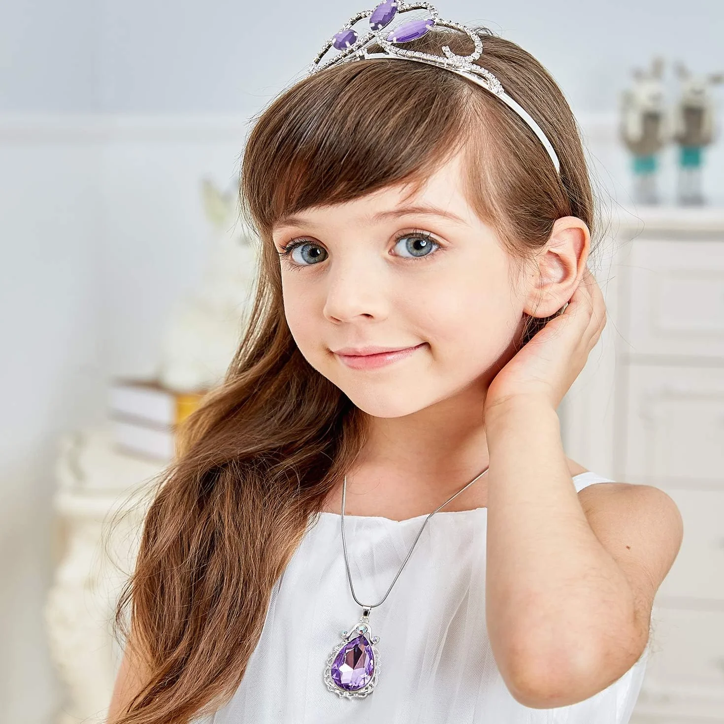 Sofia naszyjnik amulet łezka ametyst wisiorek naszyjnik Sofia kostium księżniczki biżuteria dla małych dziewczynek, Metal, Ametyst