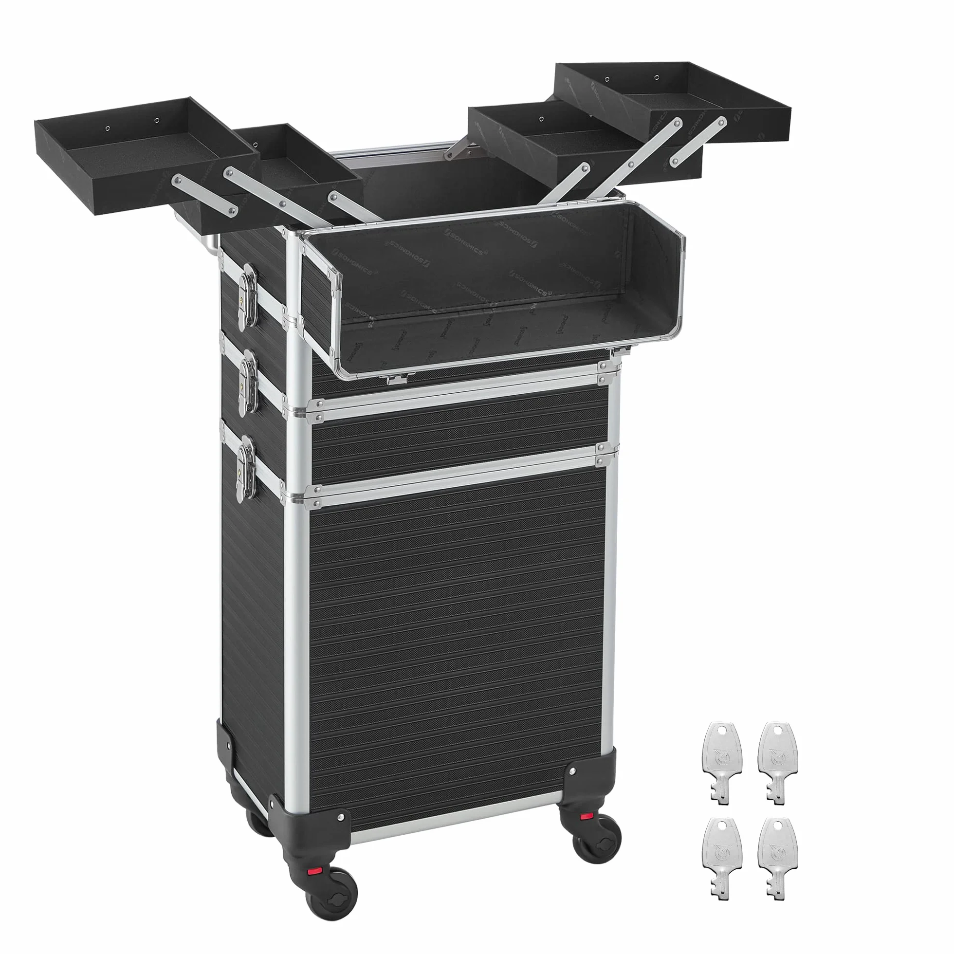 SONGMICS JHZ015B01 kuferek na kosmetyki, 4 w 1, bardzo duża, 34 x 24 x 79,3 cm, zamykana, kuferek do makijażu, kółka obracane o 360°, do podróży, pomysł na prezent, czarny, JHZ015B01