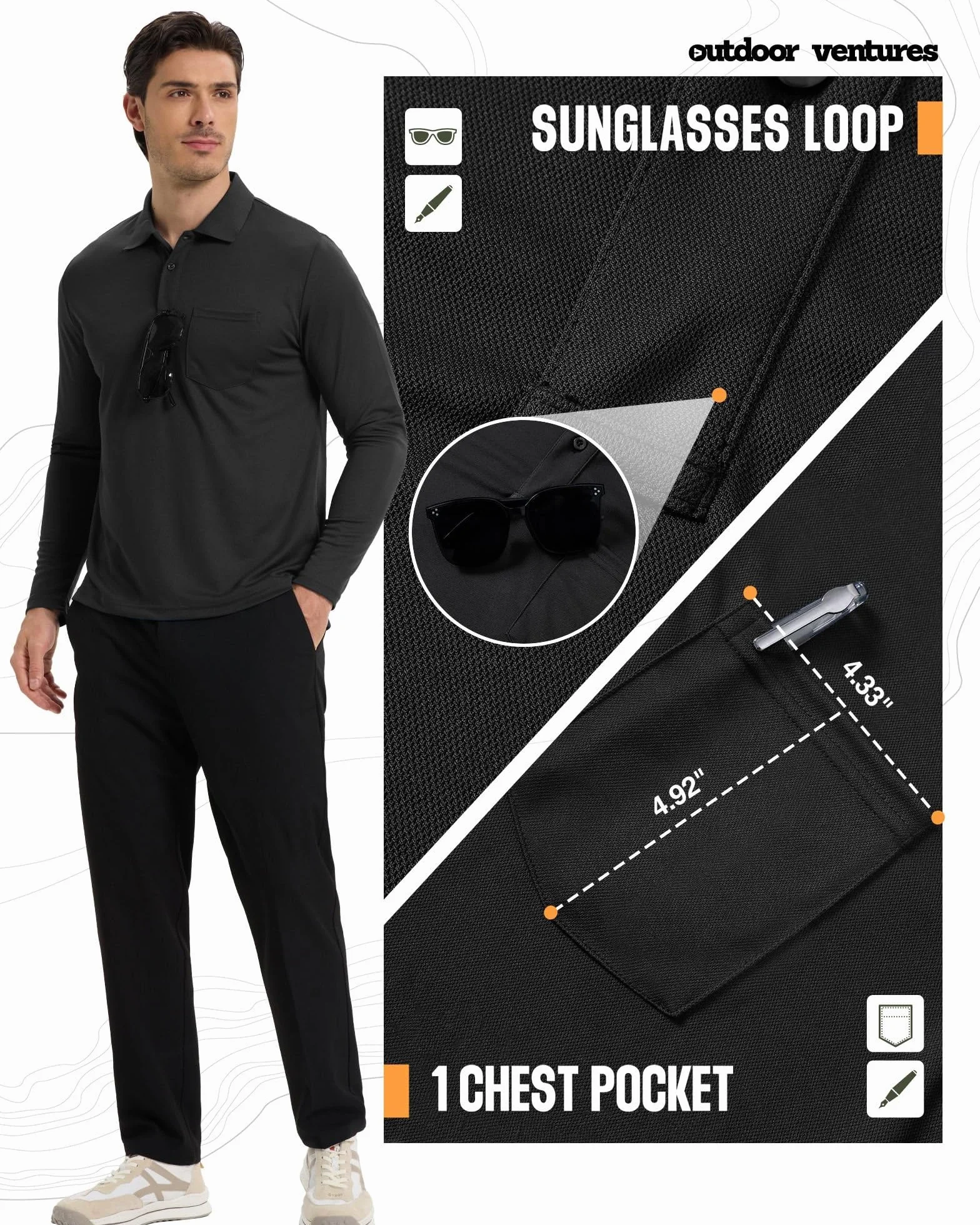 Outdoor Ventures Męska koszulka polo z długim rękawem, UPF50+, ochrona przed słońcem, ochrona przed promieniowaniem UV, koszulka polo dla mężczyzn, lekka, oddychająca koszulka polo, top do tenisa