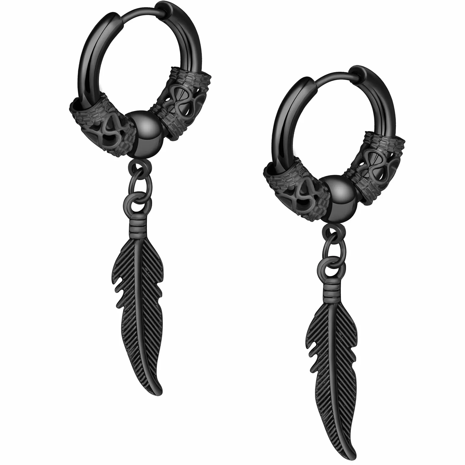 Kolczyki koła z piórami punk stal nierdzewna liść huggie kolczyki sztyfty na zawiasach unisex piercing biżuteria obręcz wiszące kolczyki dla kobiet mężczyzn, Stal nierdzewna, Bez kamieni szlachetnych
