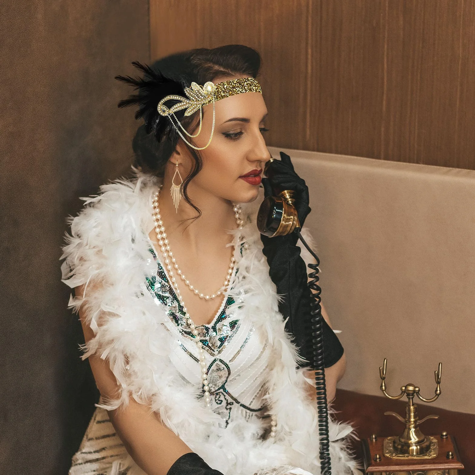 PLULON Zestaw akcesoriów Flapper Great Gatsby z lat 20. XX wieku, modny zestaw tematyczny z opaską na głowę, długie czarne rękawiczki, naszyjnik, kolczyki dla kobiet