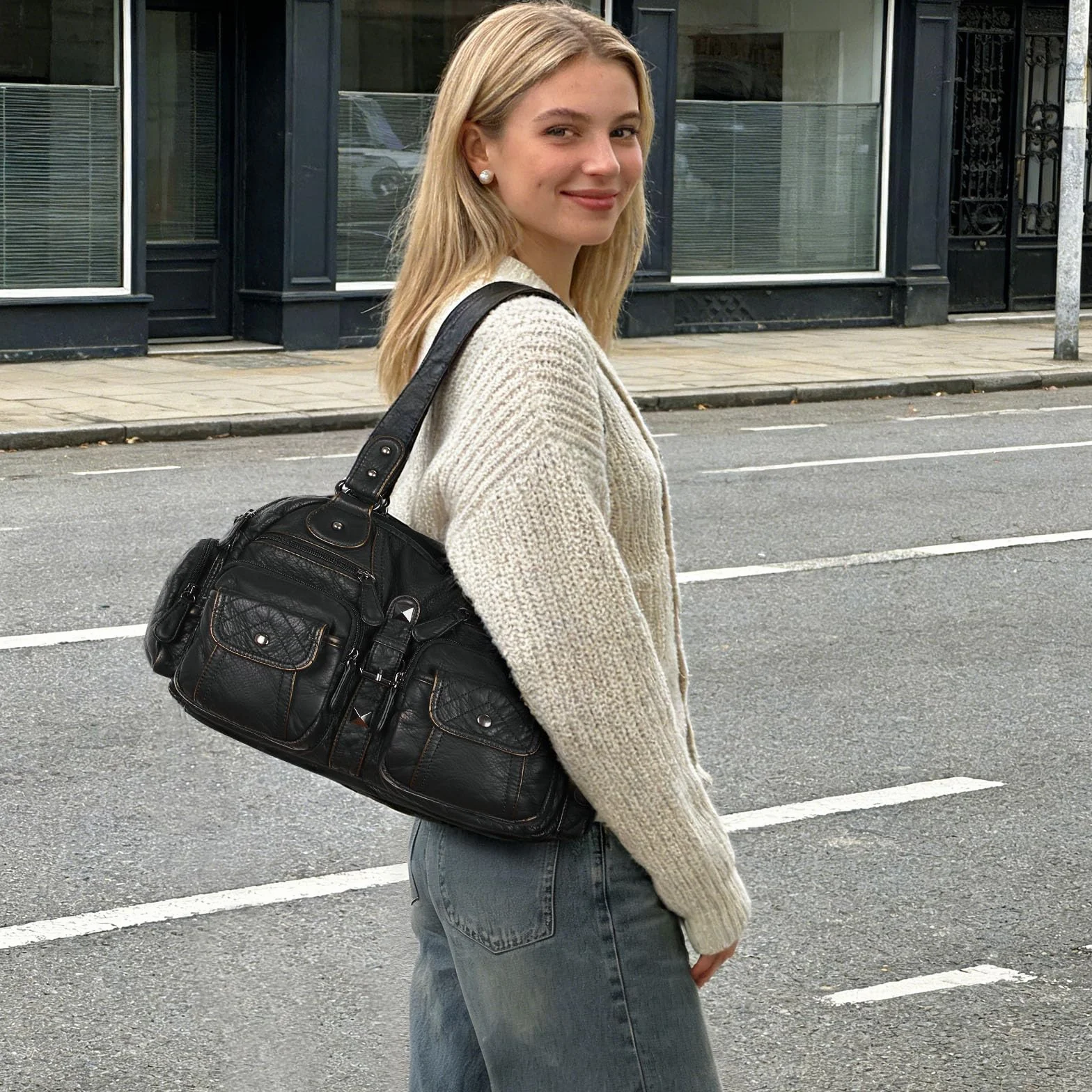 Skórzana torebka typu crossbody sprana miękka torebka na ramię torebka o dużej pojemności dla kobiet pań dziewcząt