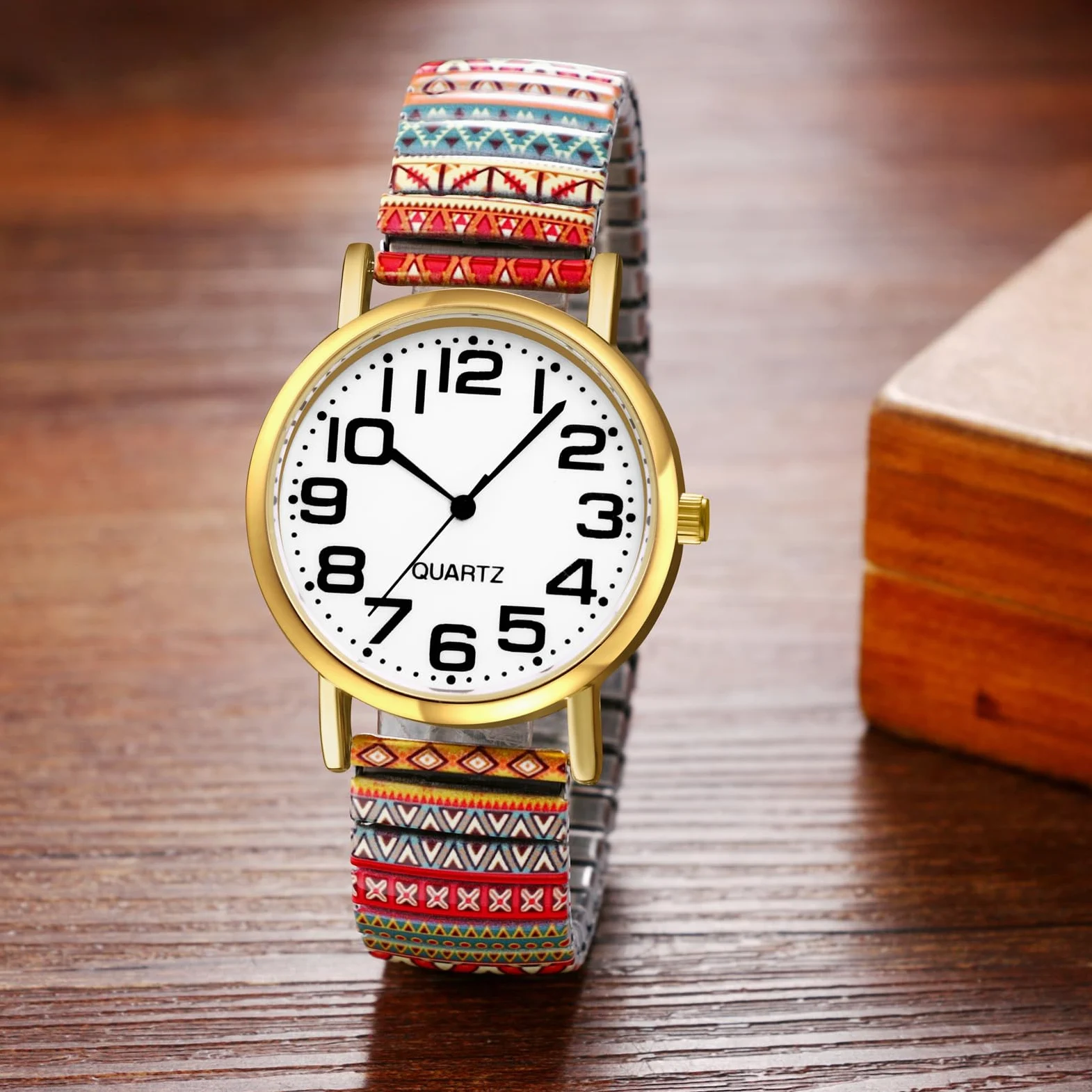 JewelryWe Zegarek damski w stylu boho elastyczny zegarek: 6 sztuk w stylu boho, kolorowe wzory, analogowy, kwarcowy, zegarek na rękę, stal nierdzewna, rozciągliwa bransoletka dla seniorów, zegarek z