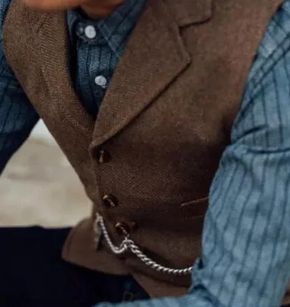 Vintage męska kamizelka slim fit tweedowa wełniana kamizelka biznesowa w jodełkę na ślub dla drużbów
