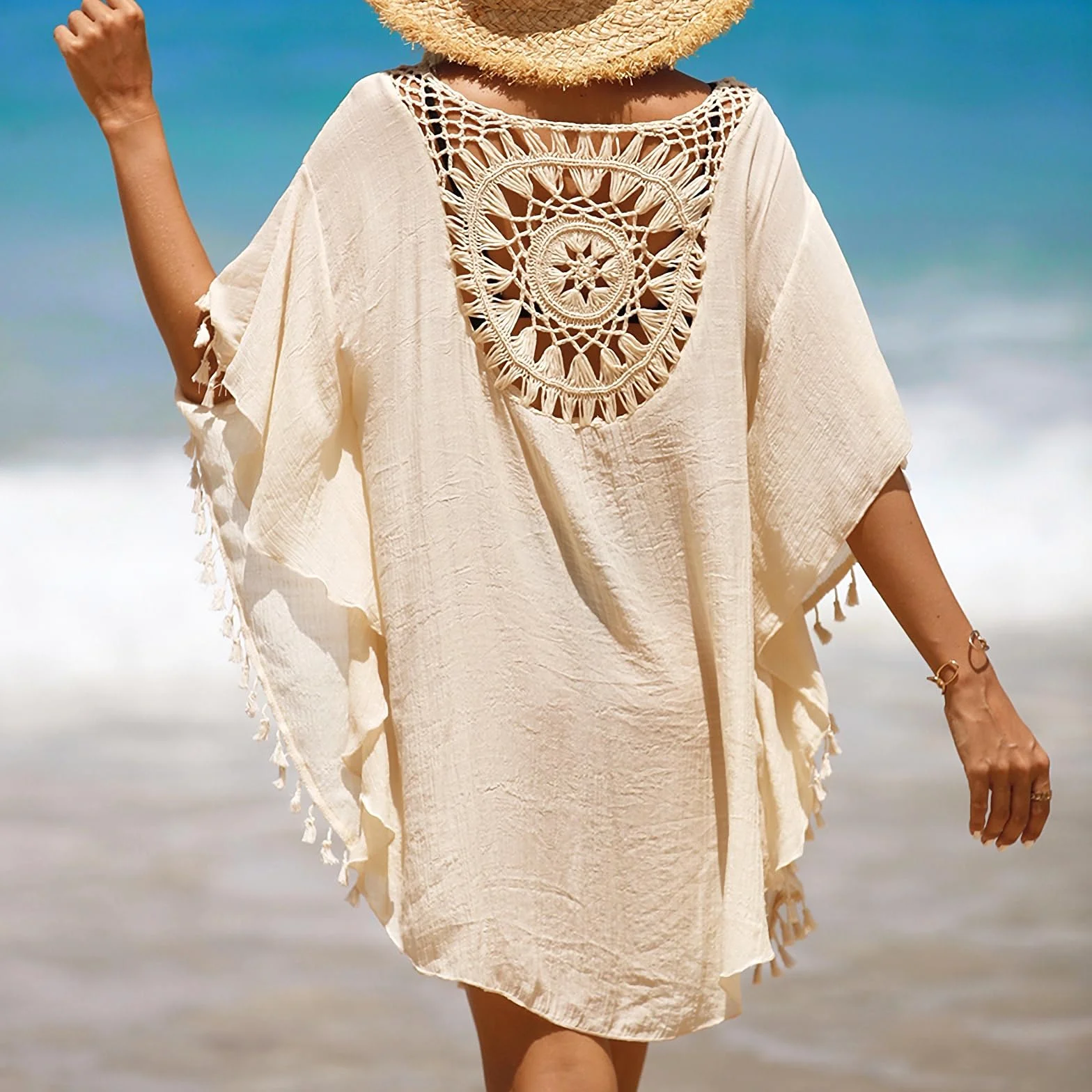 Damska sukienka plażowa, narzutka na bikini, na lato, na urlop na plaży, kostium kąpielowy z frędzlami, tunika plażowa w stylu boho