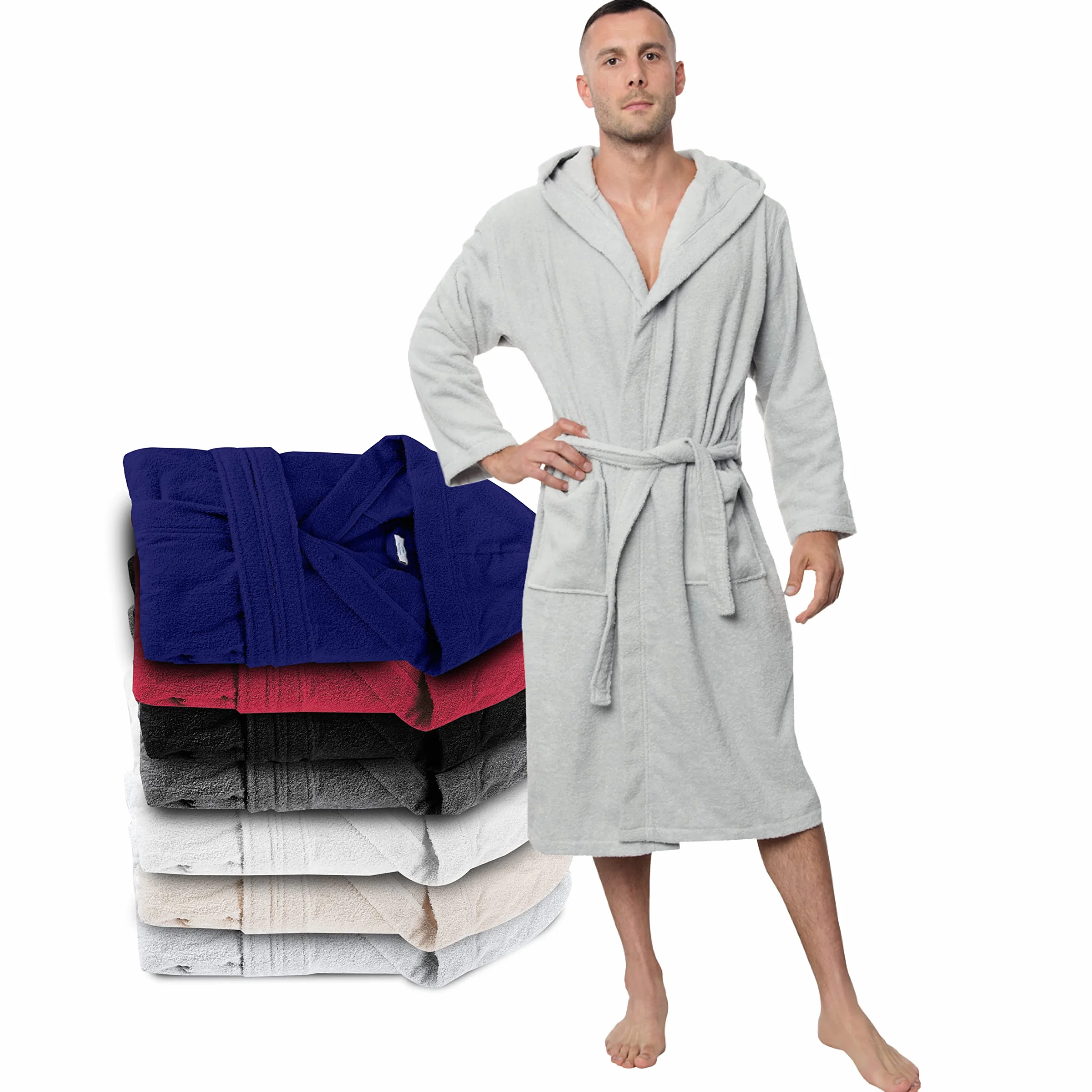 Twinzen Męski płaszcz kąpielowy, rozmiary XS/S/M/L/XL/XXL, 100% bawełna (350g/m²), certyfikat Öko-Tex®, z kapturem, 2 kieszeniami i paskiem
