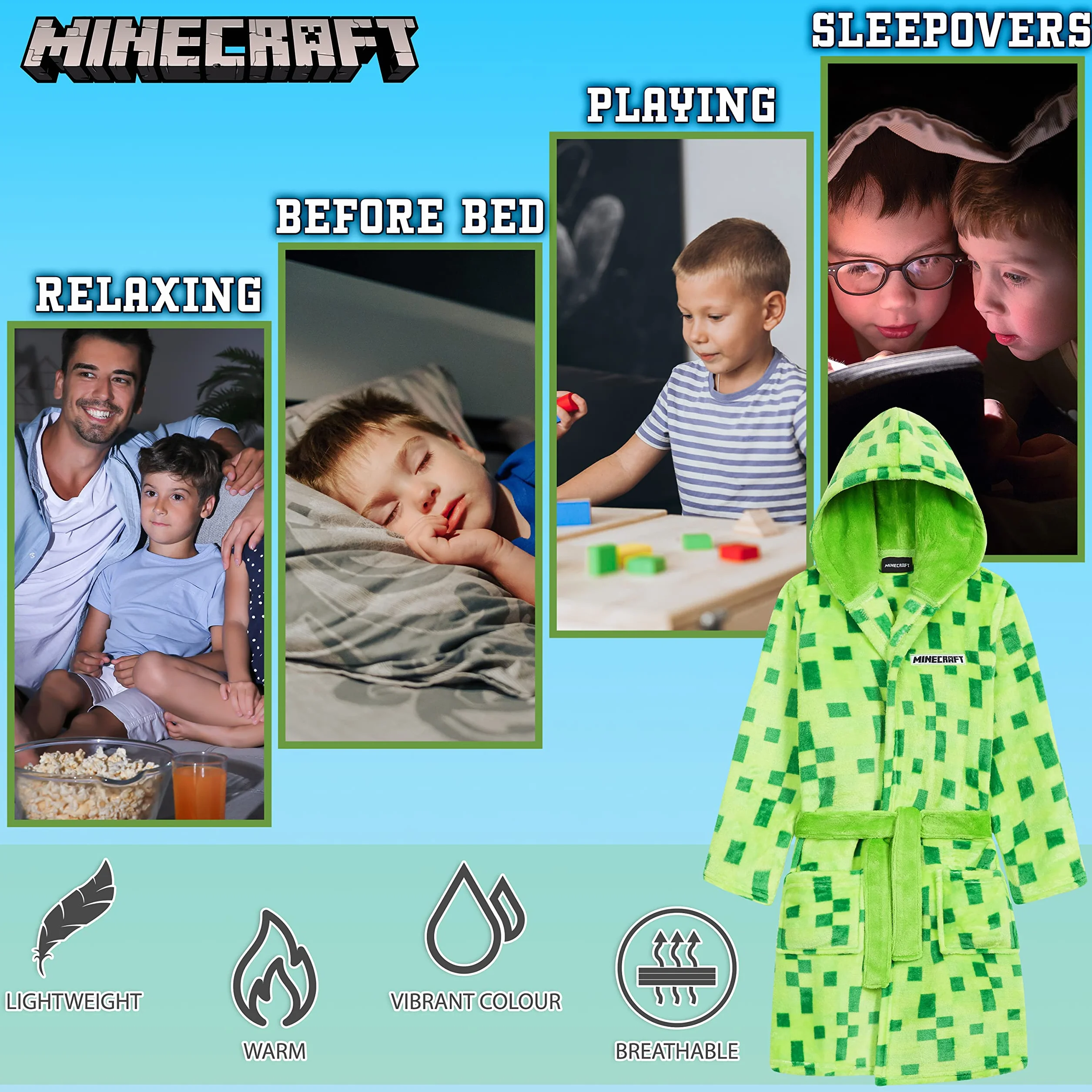 Minecraft Szlafrok dla chłopców, polarowy szlafrok z pikselami dla graczy, 5-14 lat, oficjalny towar, prezenty dla dzieci i nastolatków na urodziny i Boże Narodzenie