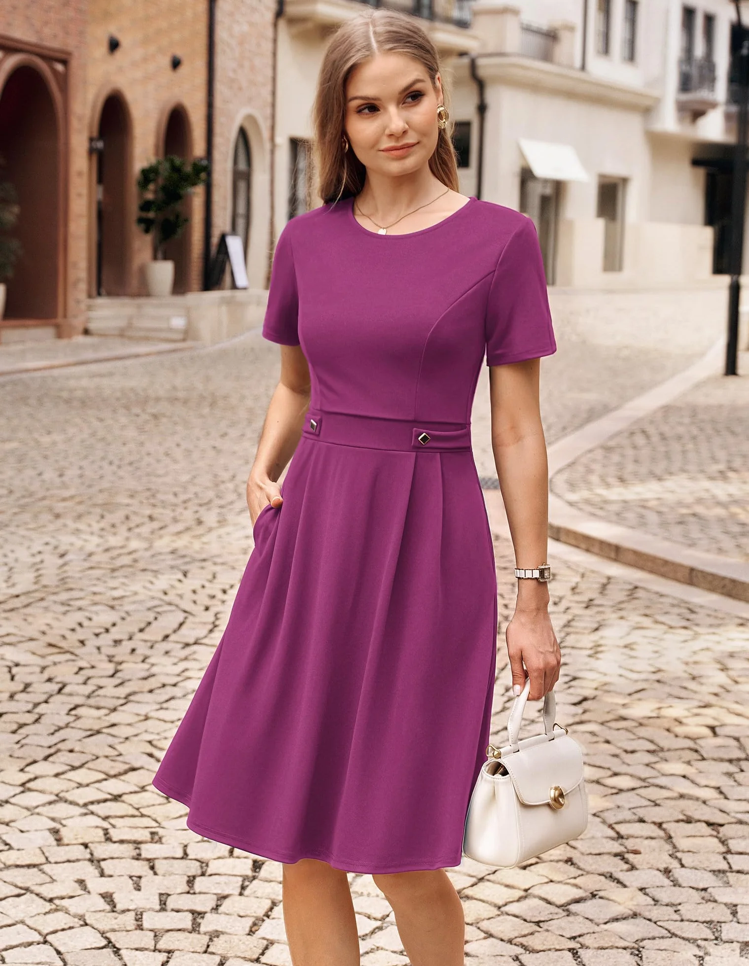 GRACE KARIN Elegancka sukienka damska, o linii A, okrągły dekolt, z kieszeniami, biznesowa, odświętna, rockabilly